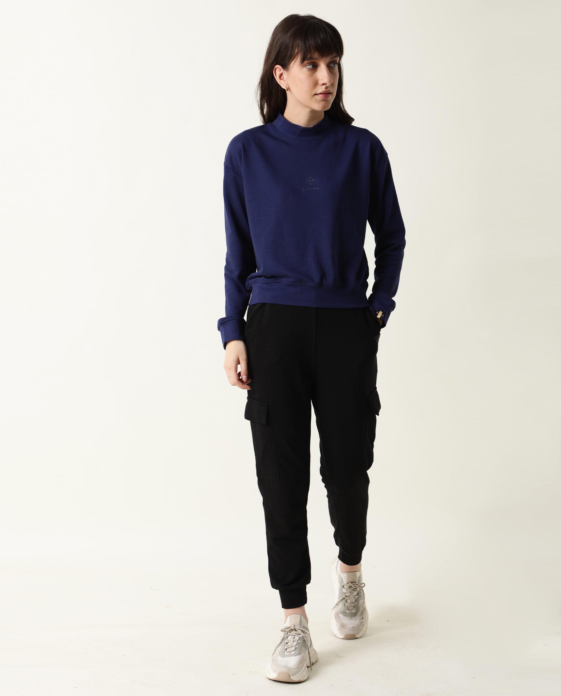 Rareism Women Necker Blue Relaxed Fit Full Sleeves Solid High Neck Sweatshirt