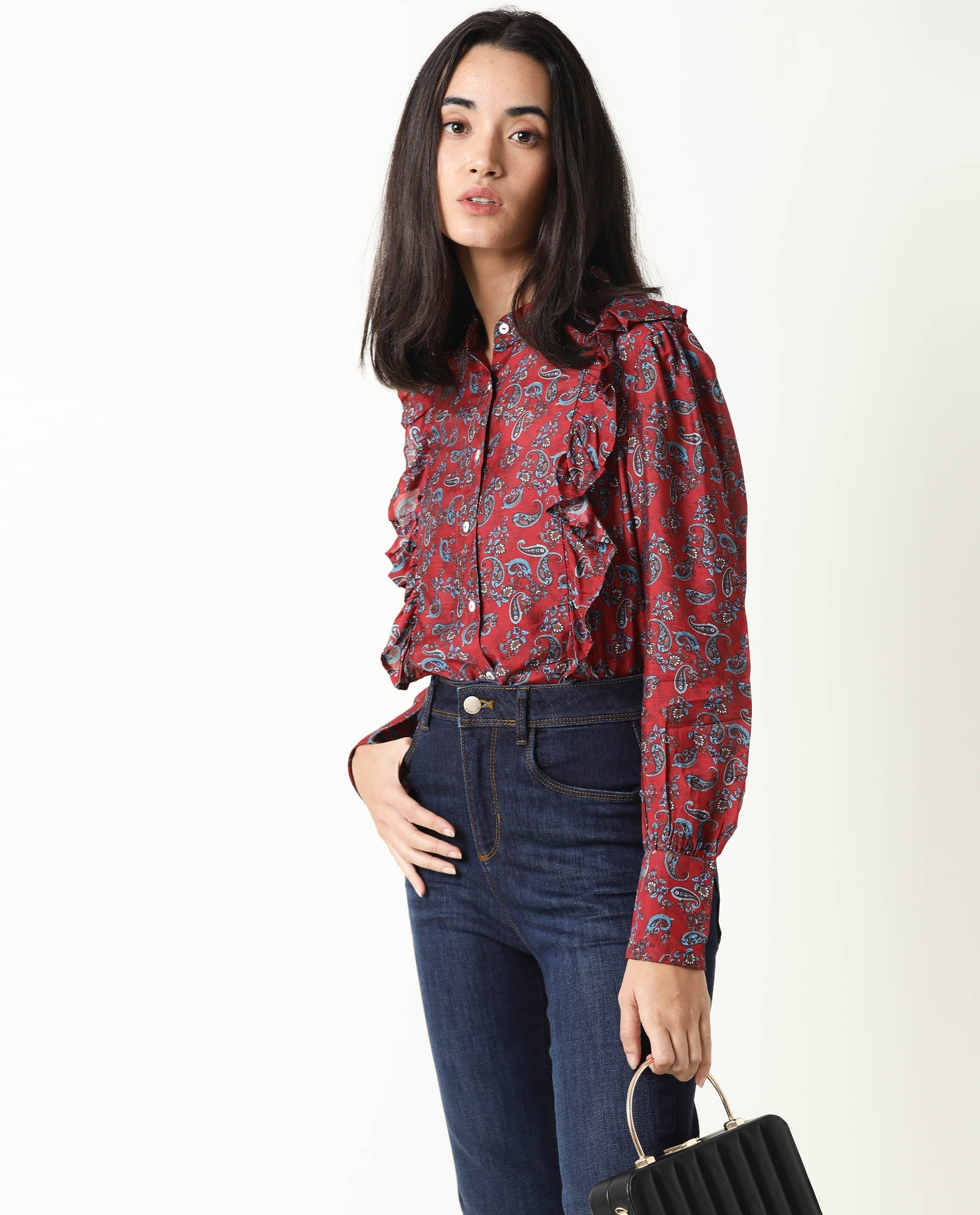 Rareism Women's Pumpkin Maroon Mandarin Collar Embroidered Regular Fit Top