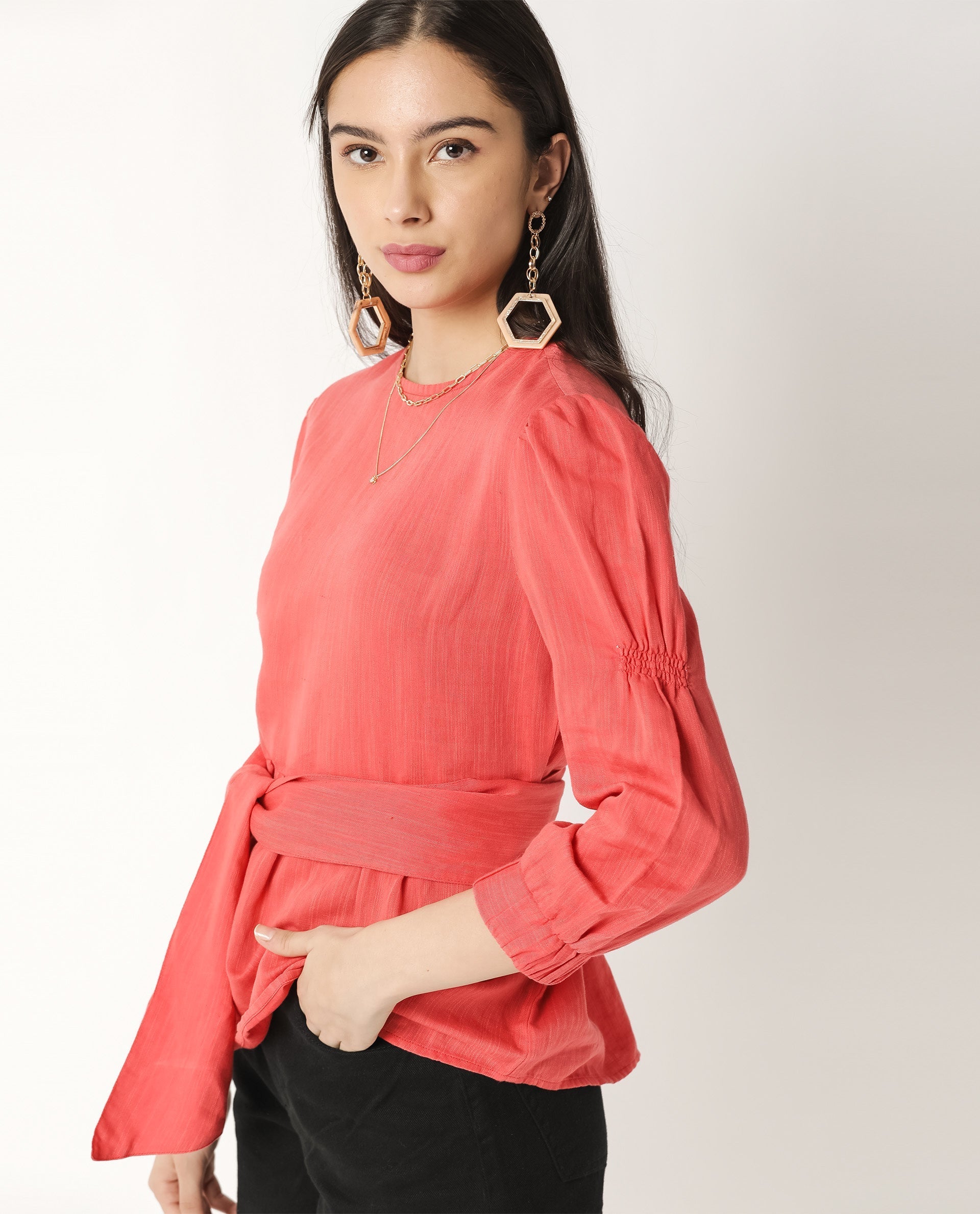 Rareism Womens Mocky Red Top Full Sleeve Elasticated Cuff Crew Neck
