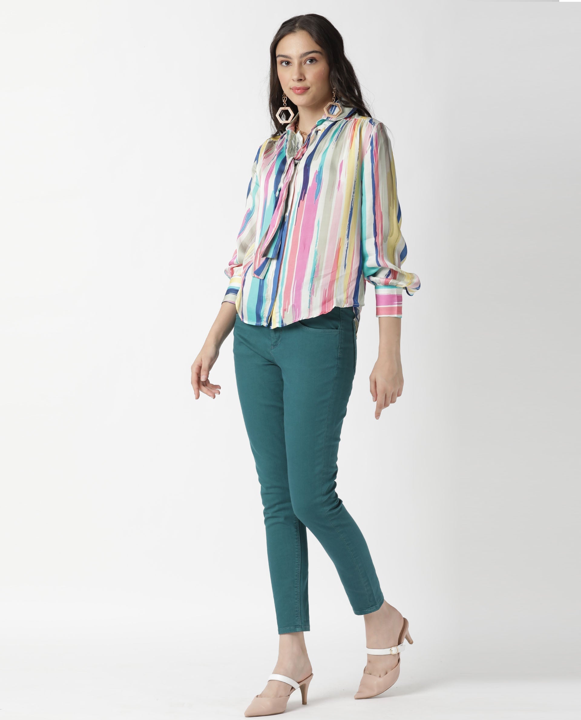 Rareism Womens Mingo Multi Top Modal Satin Fabric Regular Fit Volume Sleeve Tie Up