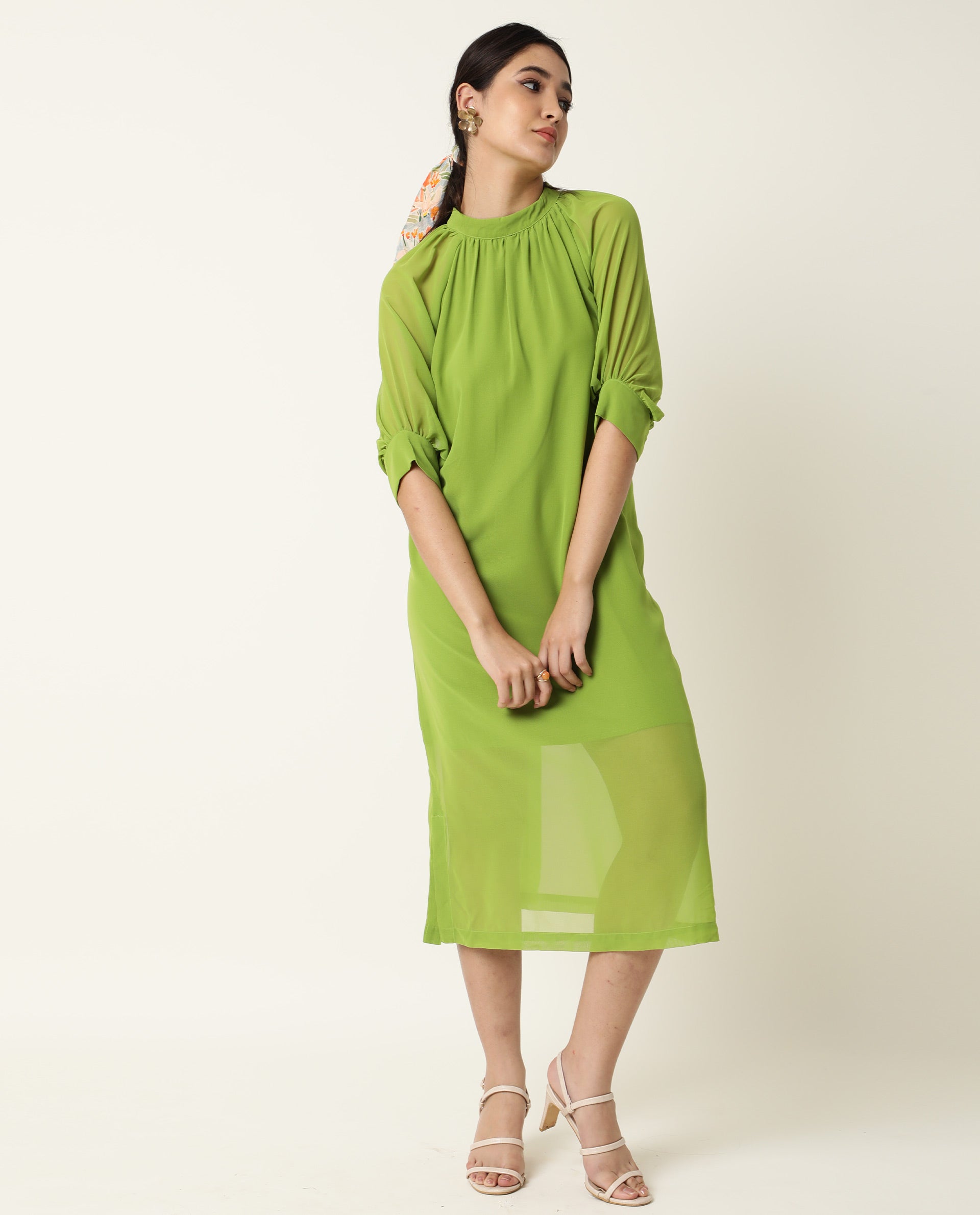 Rareism Women Frag Green High Collared Neck With Gathers Short Sleeves With Cuff Back Button Closure Midi Dress