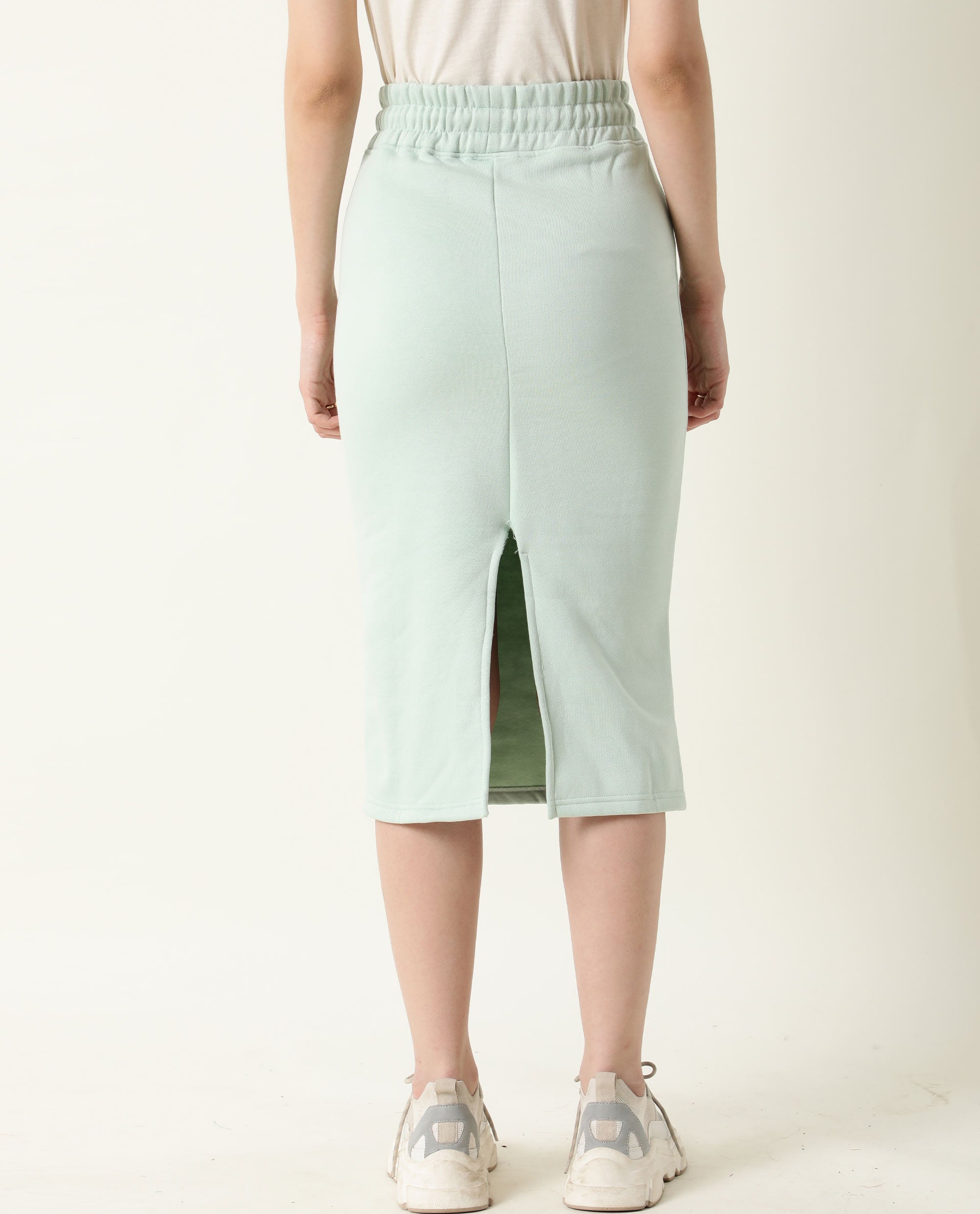 Rareism Women's Fudge Green Polyester Blend Plain Midi Tailored Skirt