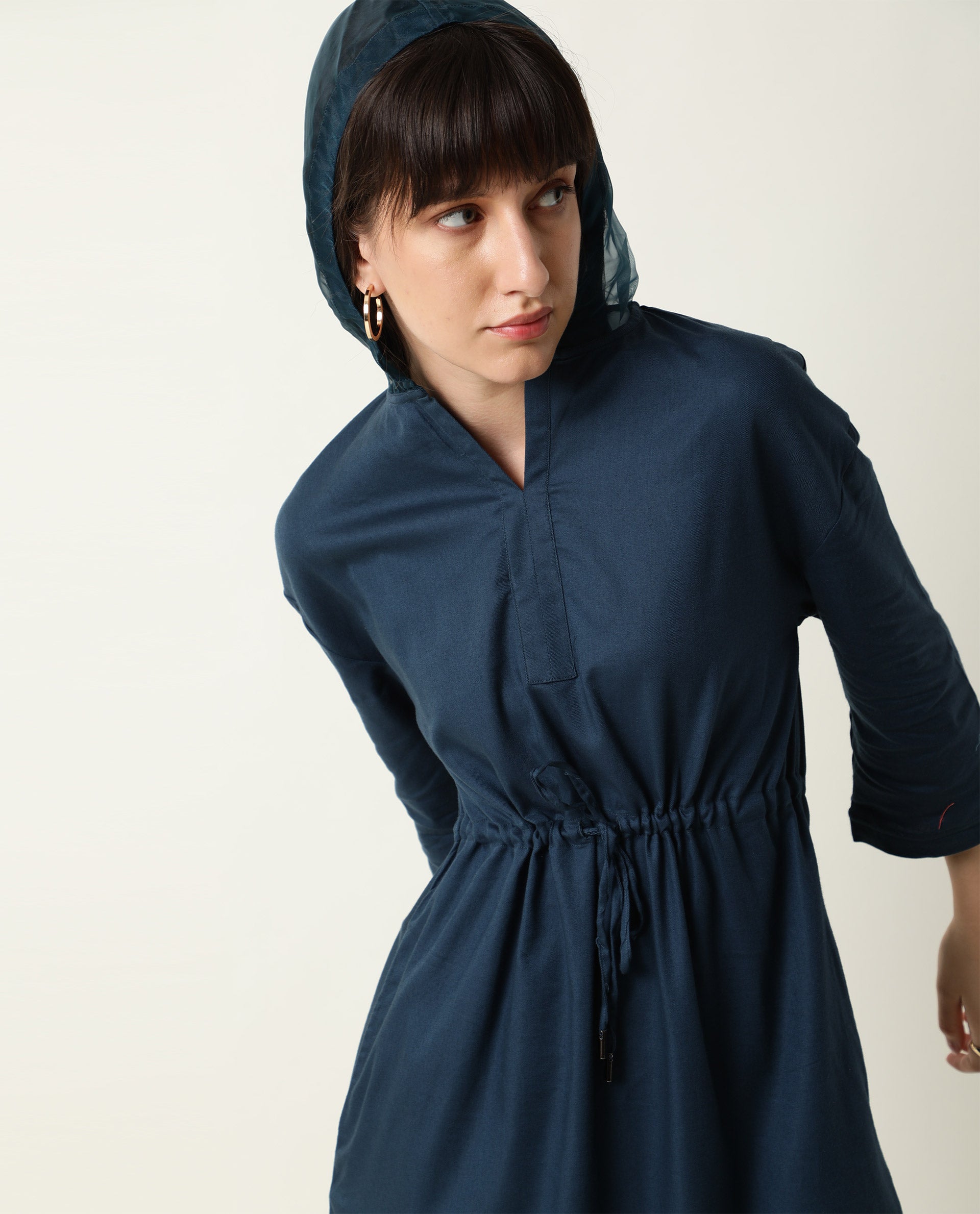 Rareism Womens Chalk Petrol Dress Tencel Fabric Hooded Long Length