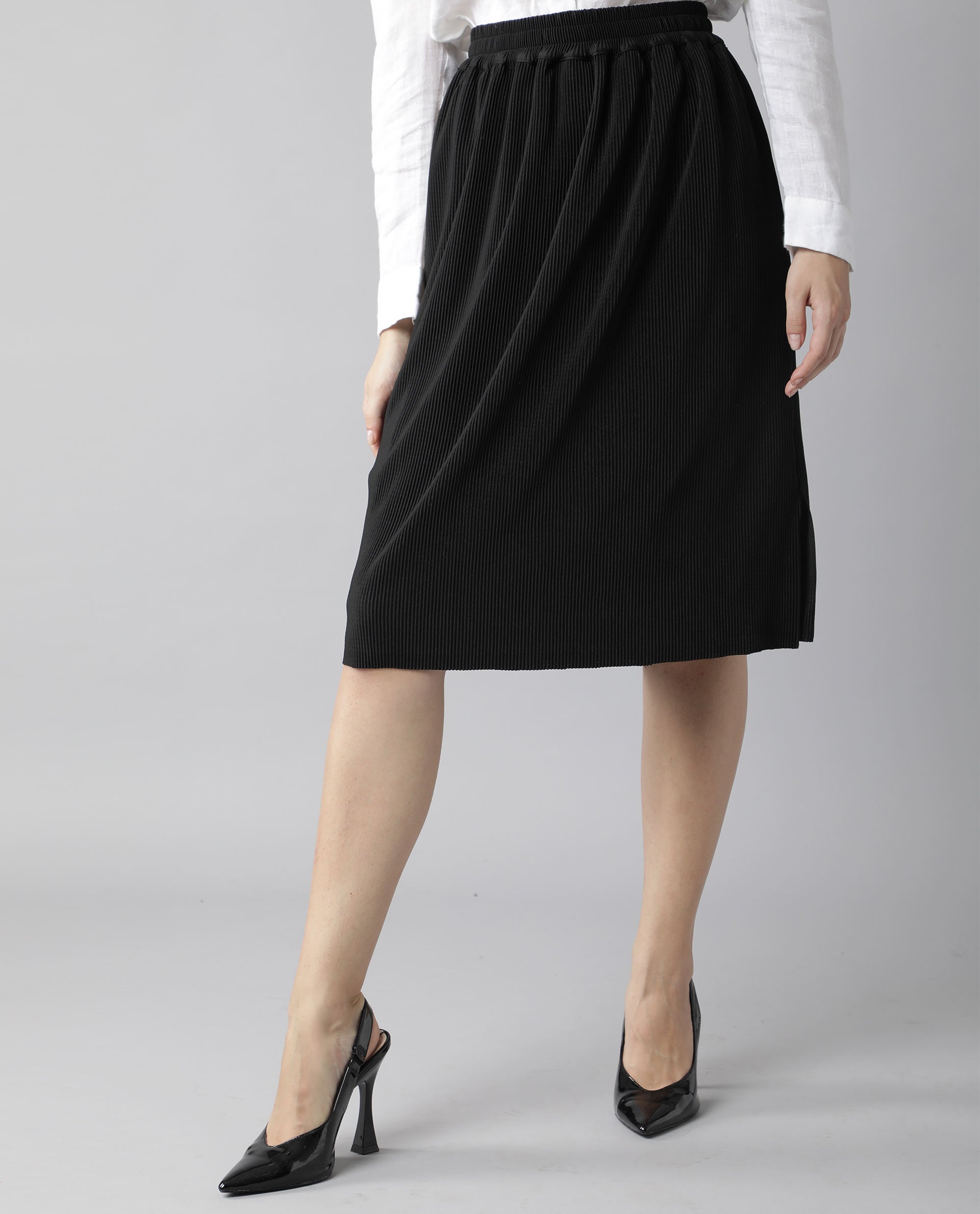 Rareism Womens Browse Black Skirt Pleated Mid Length Back Slit