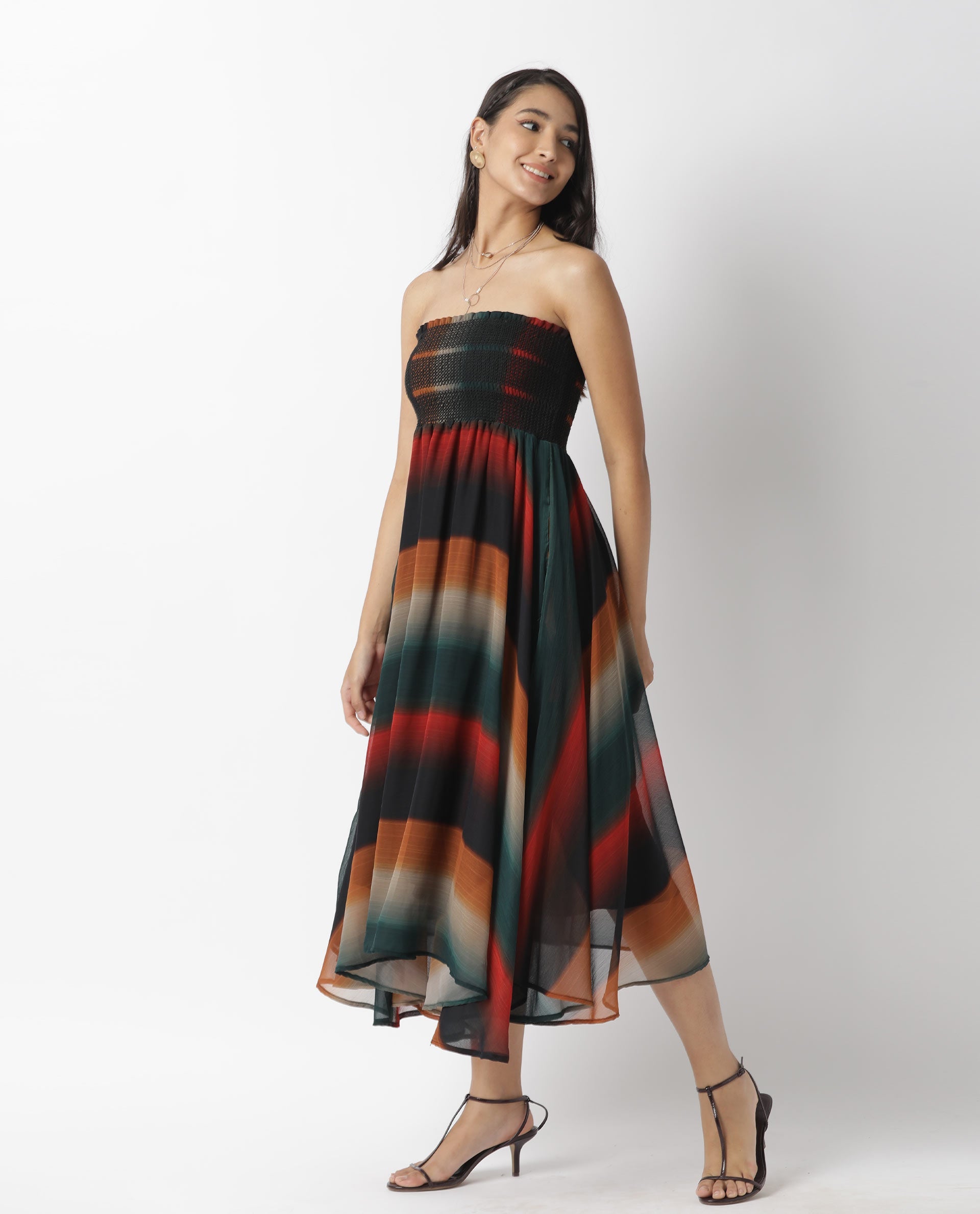 Rareism Women's Talcom Multi Viscose Tube Neck Abstract Print Sleeveless Knee Length Regular Fit Dress