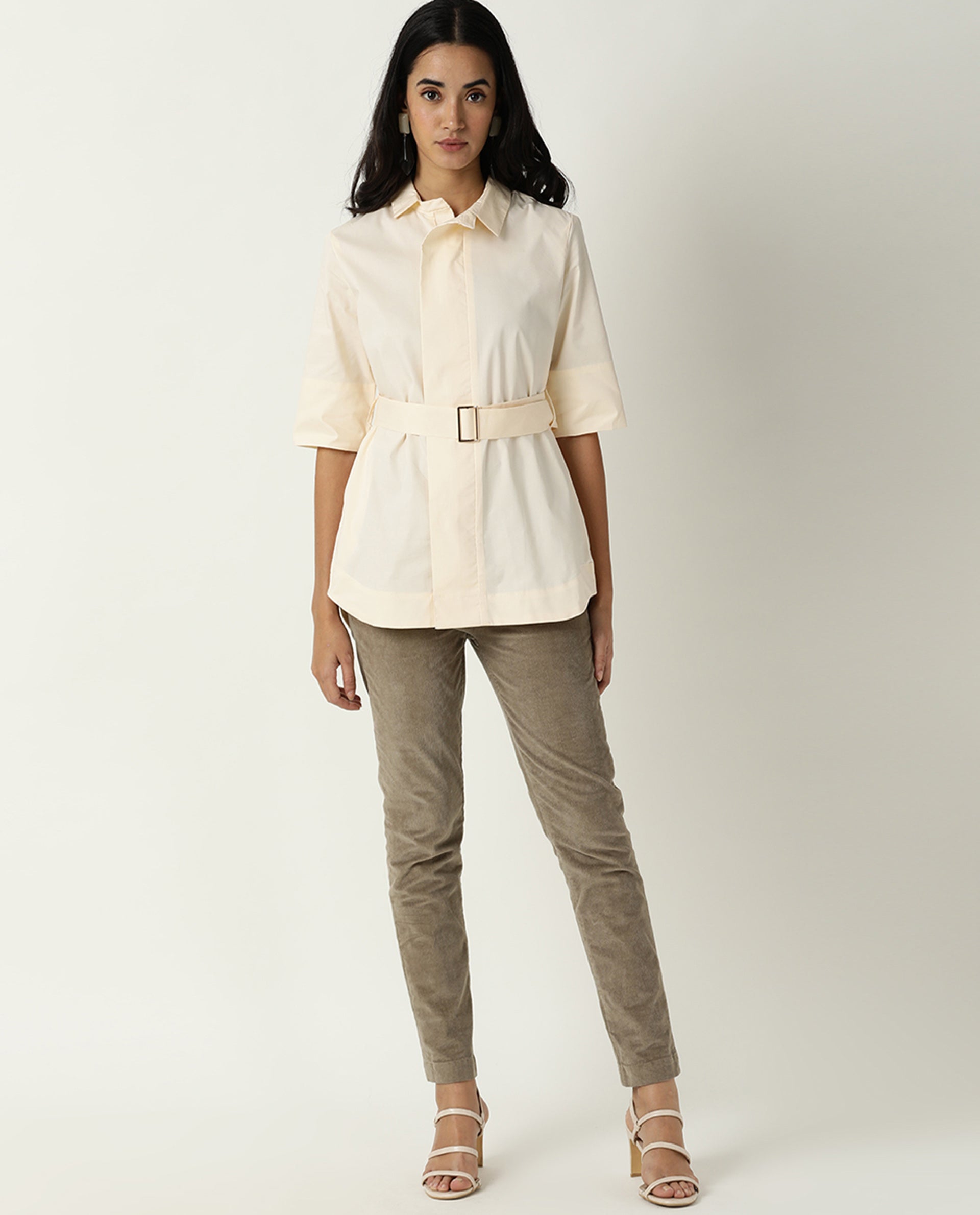 Rareism Women's Cisco Beige Cotton Blend Spread Collar Plain Knee Length Regular Fit Top