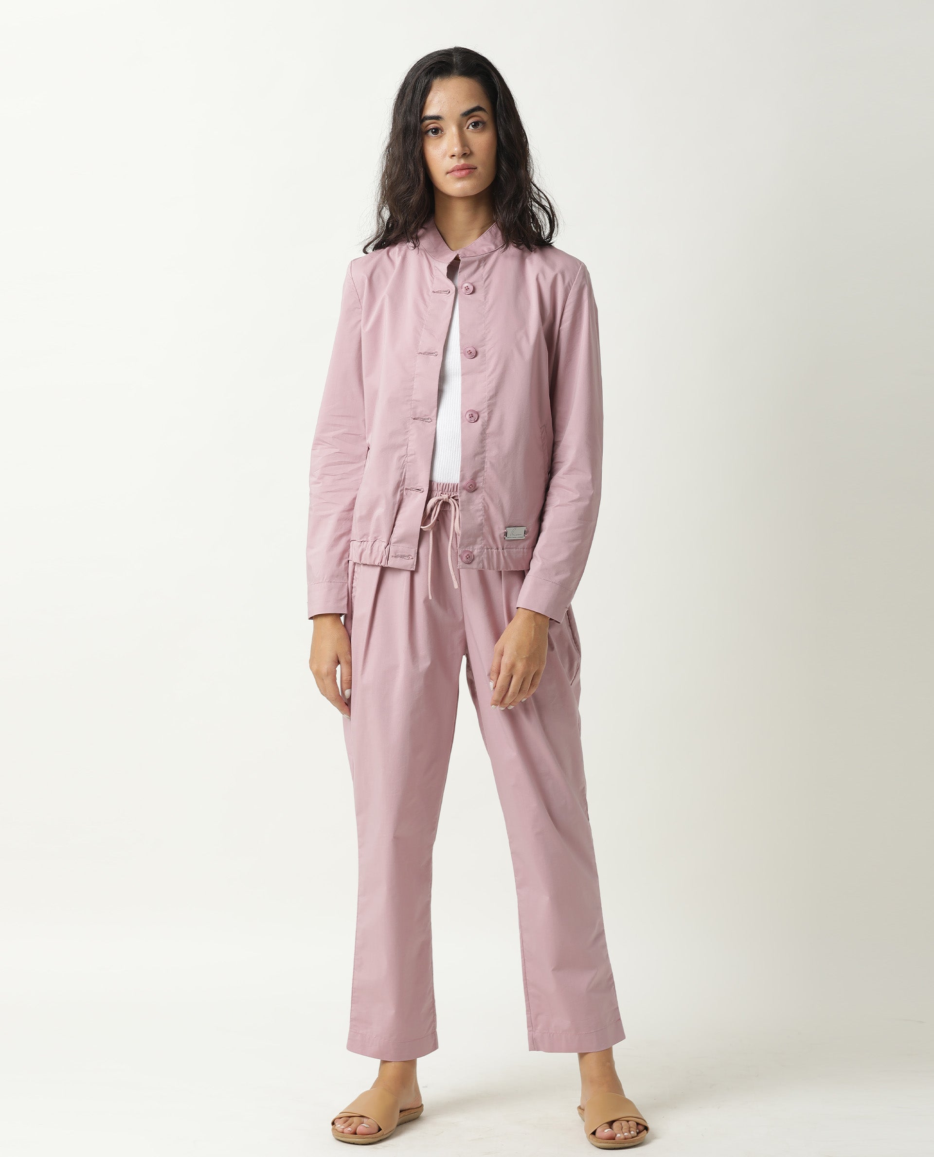 Rareism Women's Aomori Pink Polyester Blend Mandarin Collar Plain Regular Fit Jacket