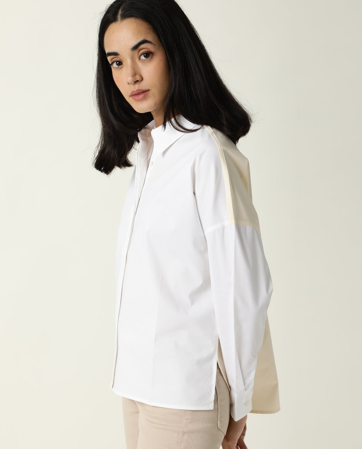 Rareism Women Nellore White Cotton Lycra Fabric Regular Fit Shirt Collar Full Sleeves Solid Top