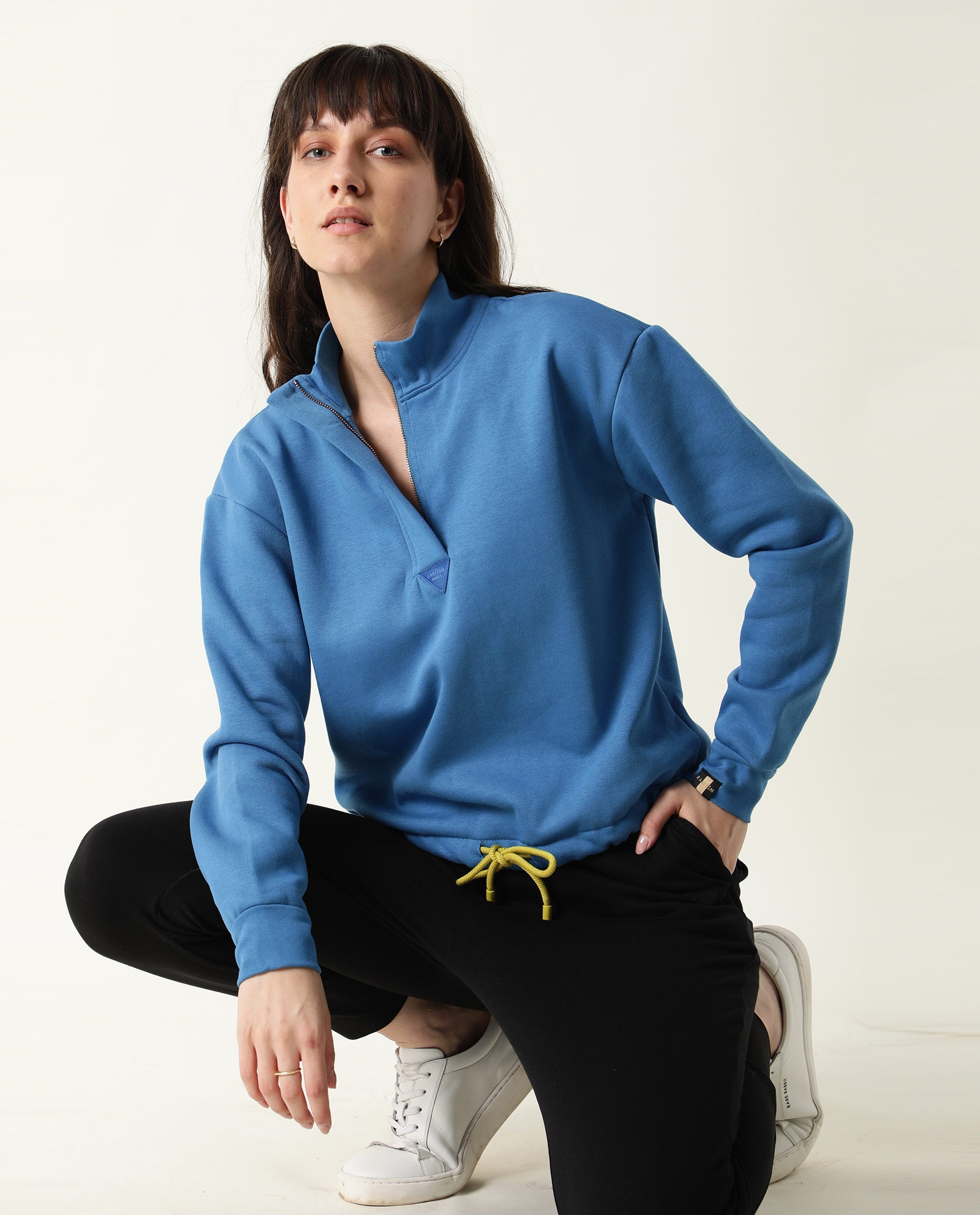 Rareism Women Taffy-1 Blue Relaxed Fit Full Sleeves Solid High Neck Sweatshirt