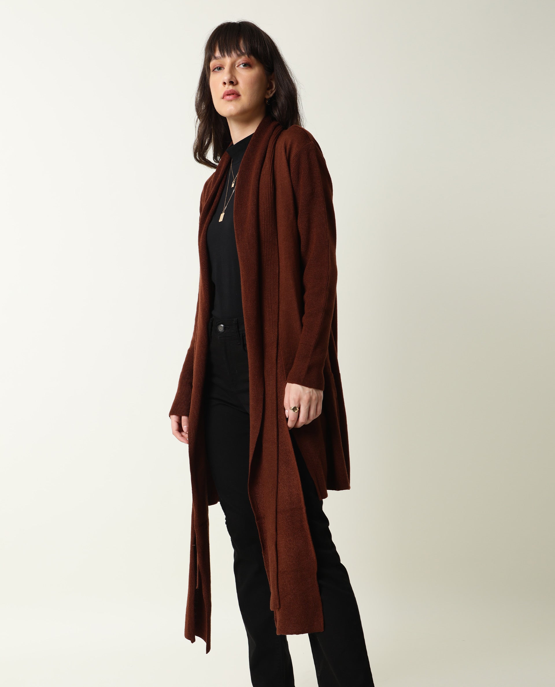 Rareism Women's Flap Brown Acrylic Collarless Plain Knee Length Regular Fit Sweater
