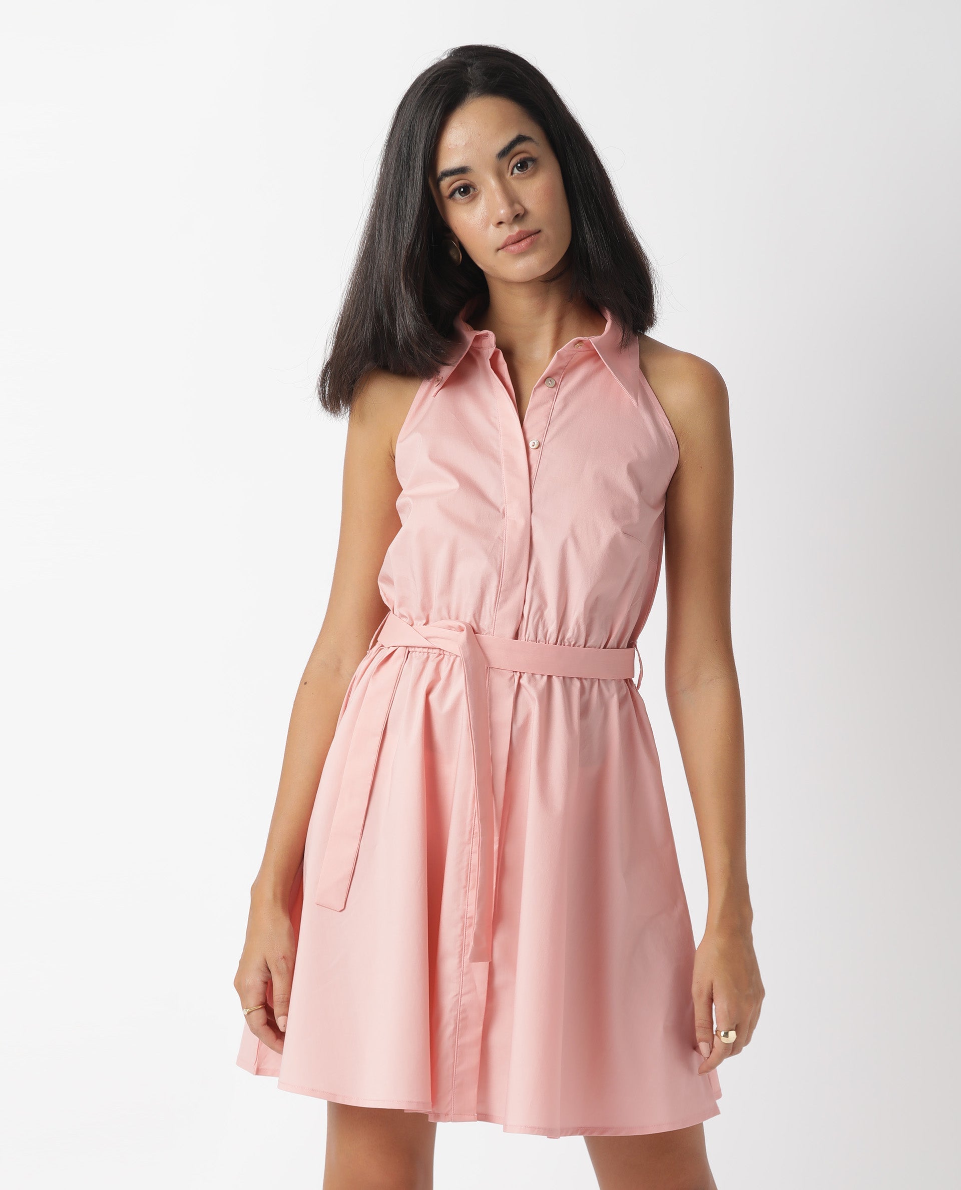 Rareism Women's Bessie Peach Spread Collar Plain Sleeveless Knee Length Regular Fit Dress