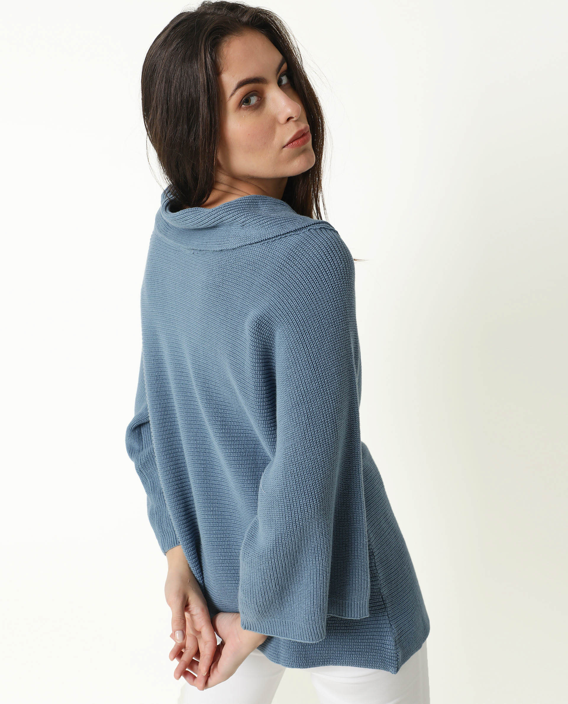 Rareism Women's Cleo Blue Cowl Neck Plain Relaxed Fit Sweater