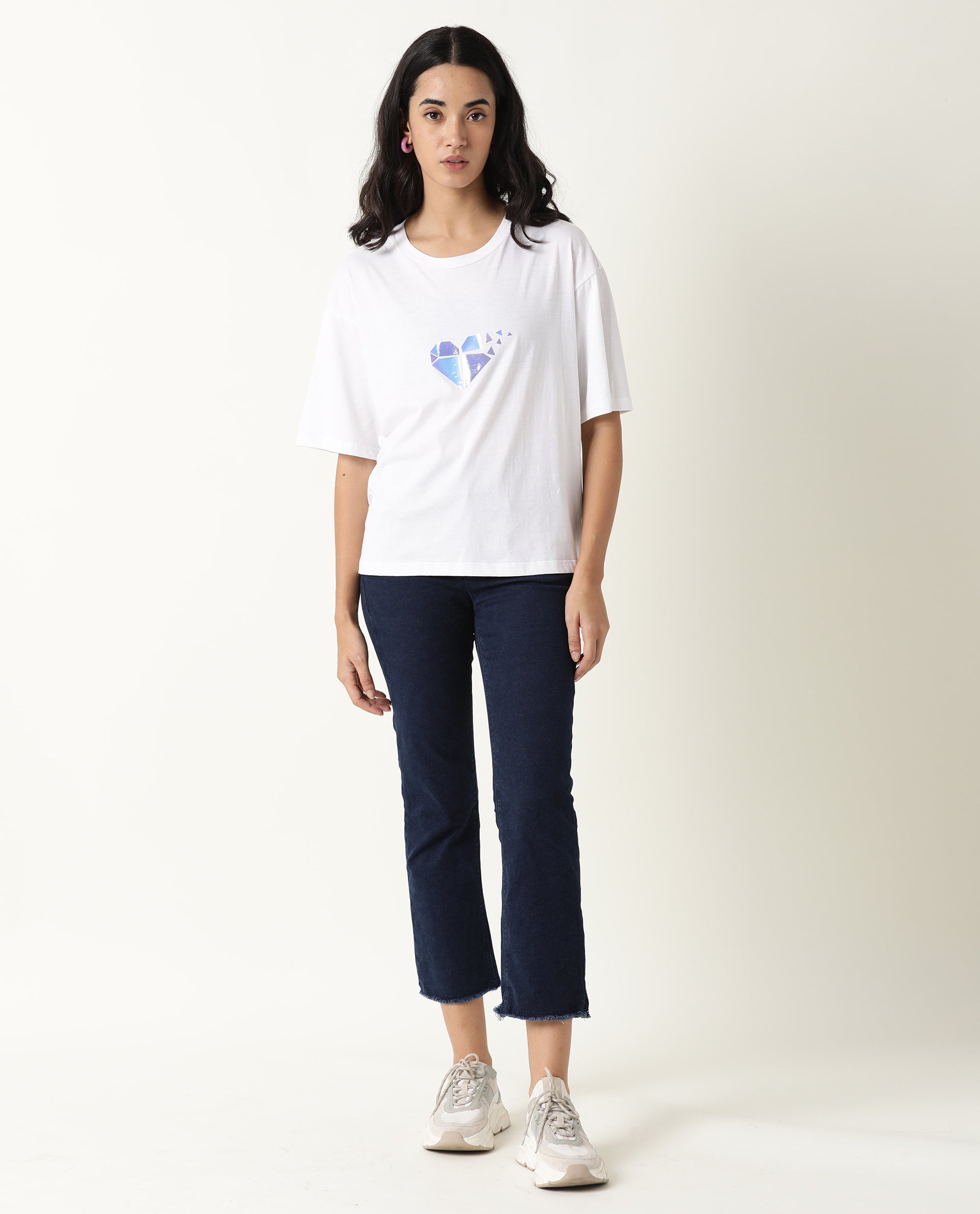 Rareism Womens Nat White T-Shirt Cotton Fabric Regular Fit Half Sleeve Round Neck