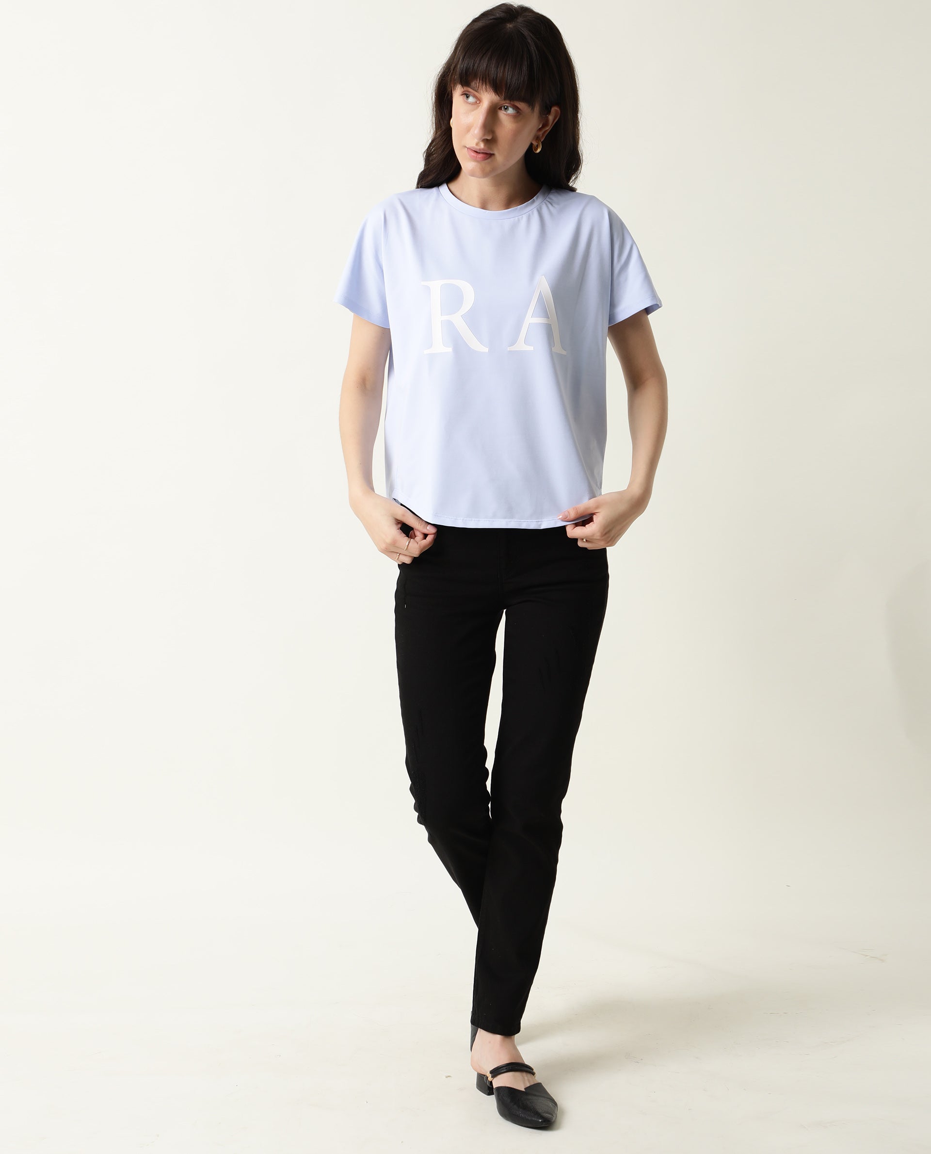 Rareism Women's Hush Blue Polyester Blend Crew Neck Graphic Print Regular Fit T-Shirt