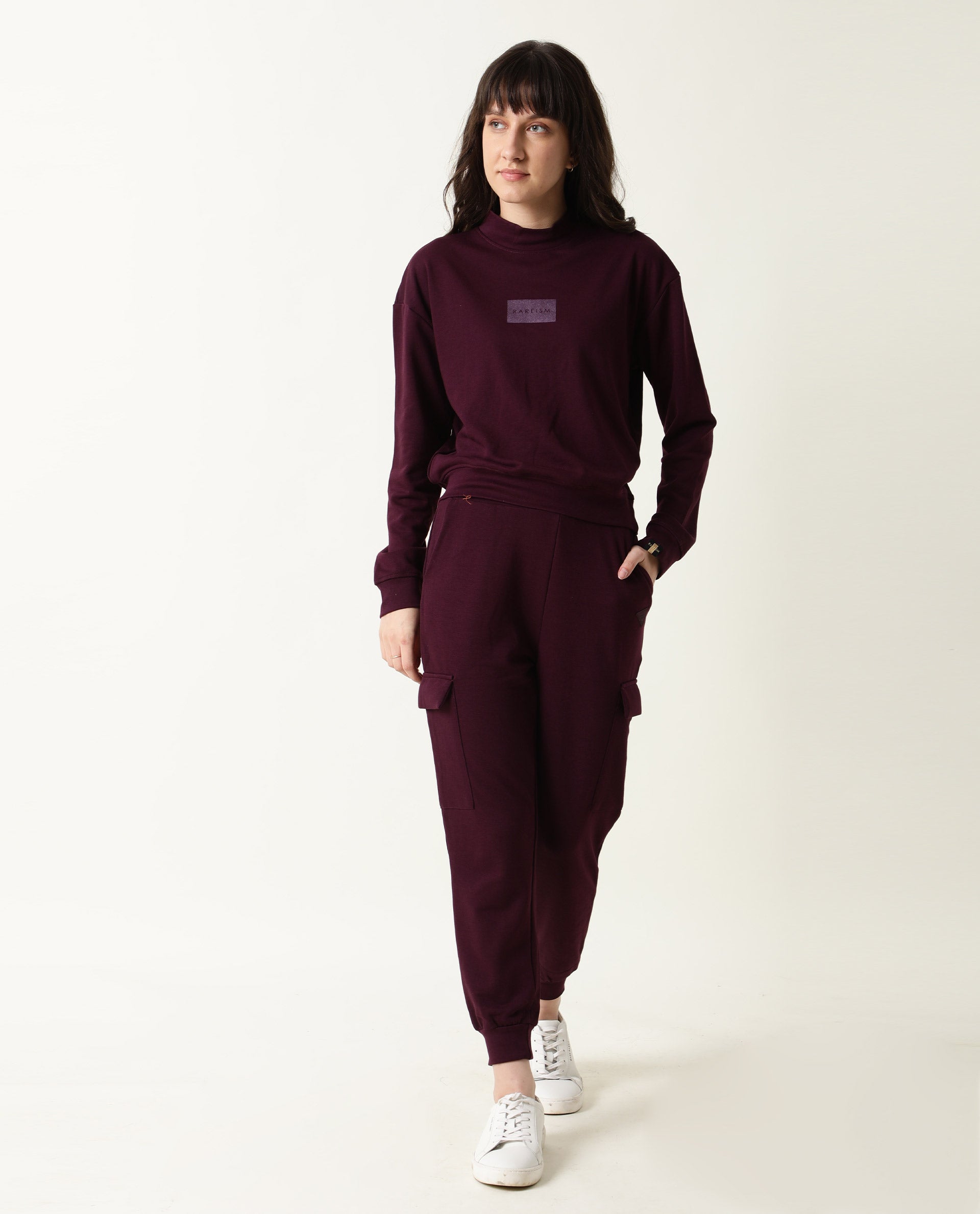 Rareism Women Hectare Dark Purple Cotton Poly Fabric Relaxed Fit Full Sleeves Solid High Neck Sweatshirt