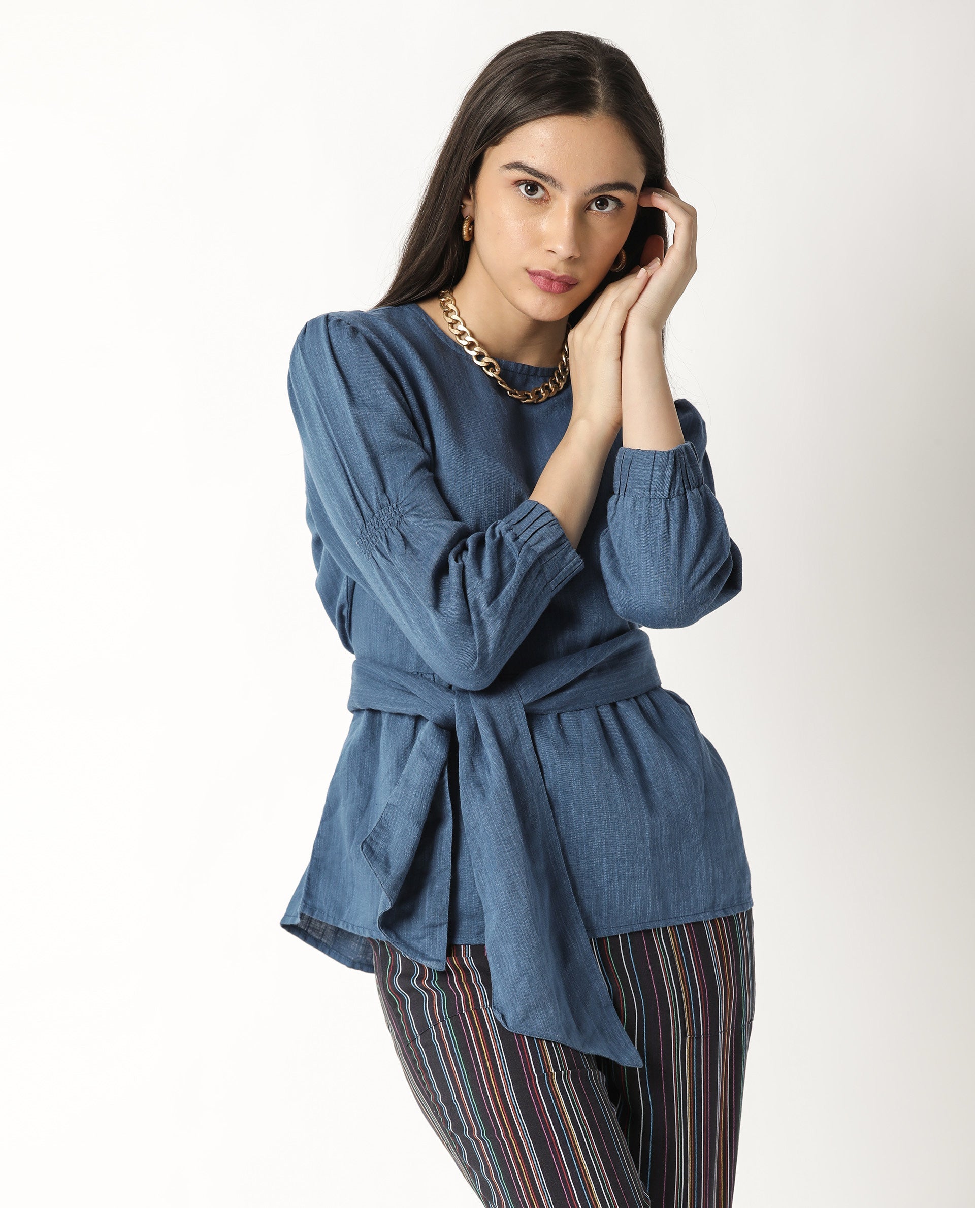 Rareism Womens Mocky Petrol Top Full Sleeve Elasticated Cuff Crew Neck
