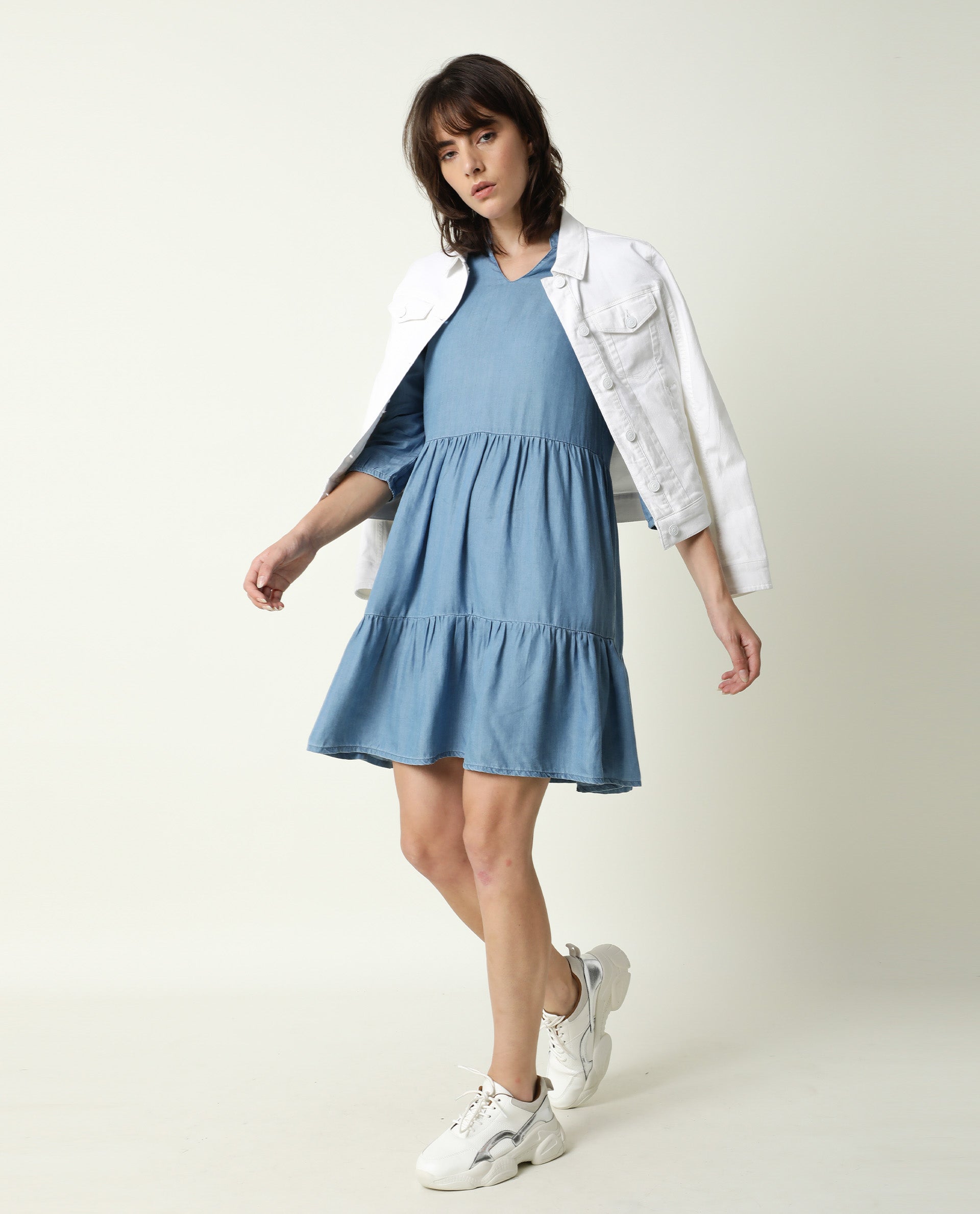 Rareism Women's Mayo Blue Lyocell V-Neck Plain Knee Length Relaxed Fit Dress