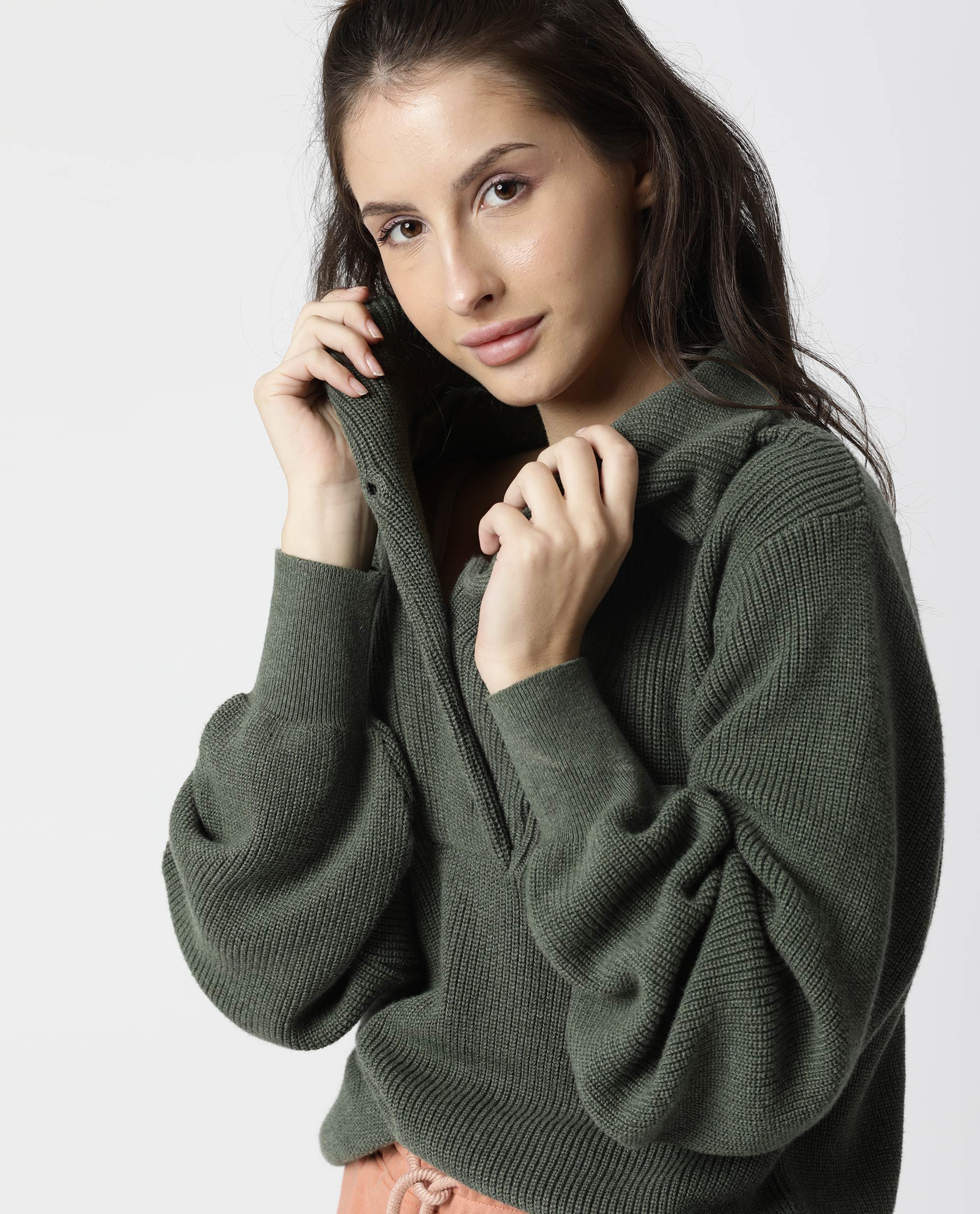 Rareism Women Swing Green Sweater Full Sleeves Solid