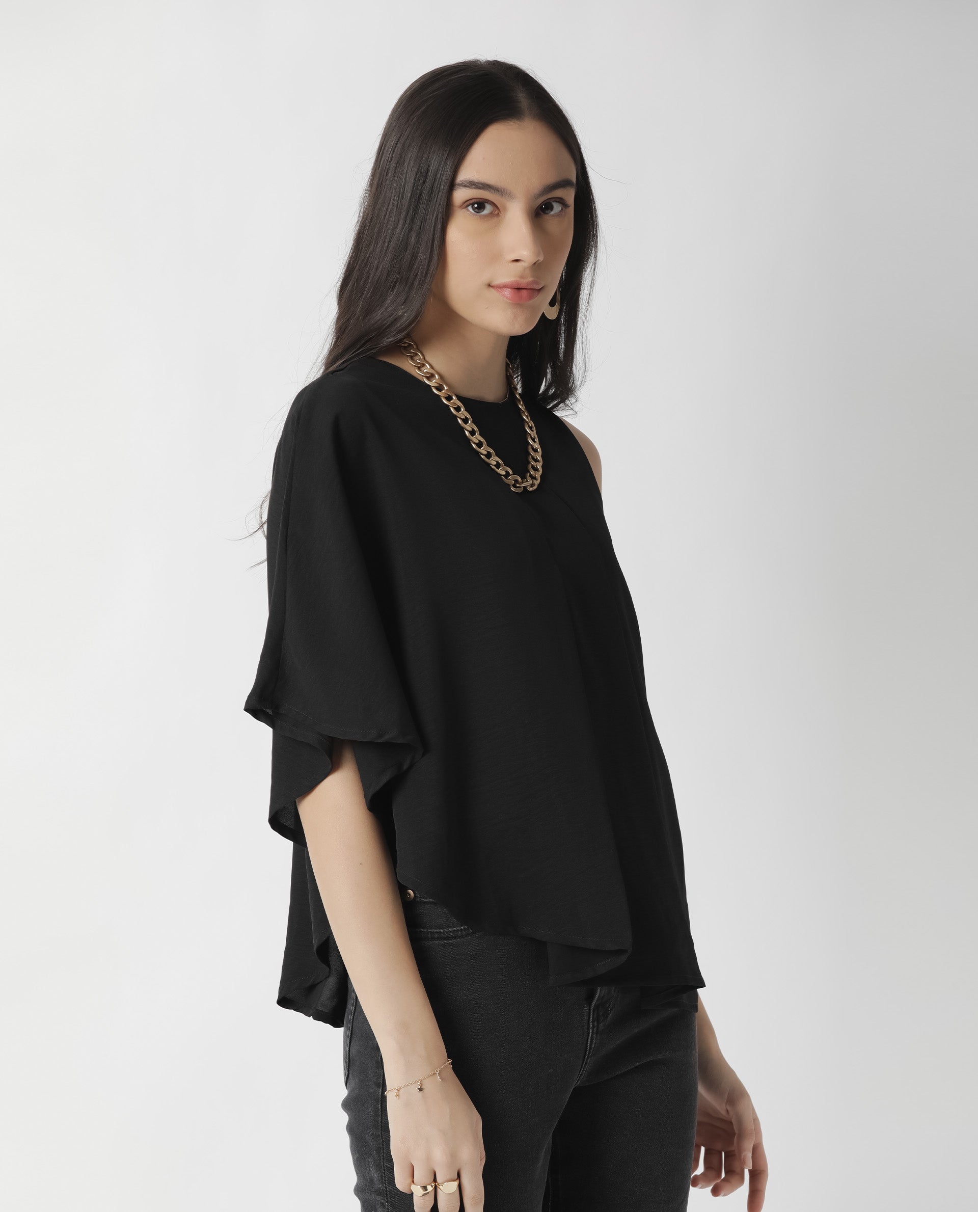 Rareism Womens Hudy Black Top Polyester Fabric Relaxed Fit Flared Sleeve Round Neck
