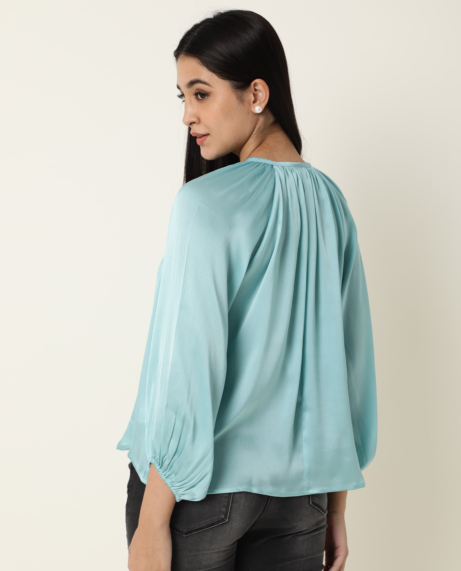 Rareism Women's Fall Blue Key Hole Neck Plain Knee Length Regular Fit Top