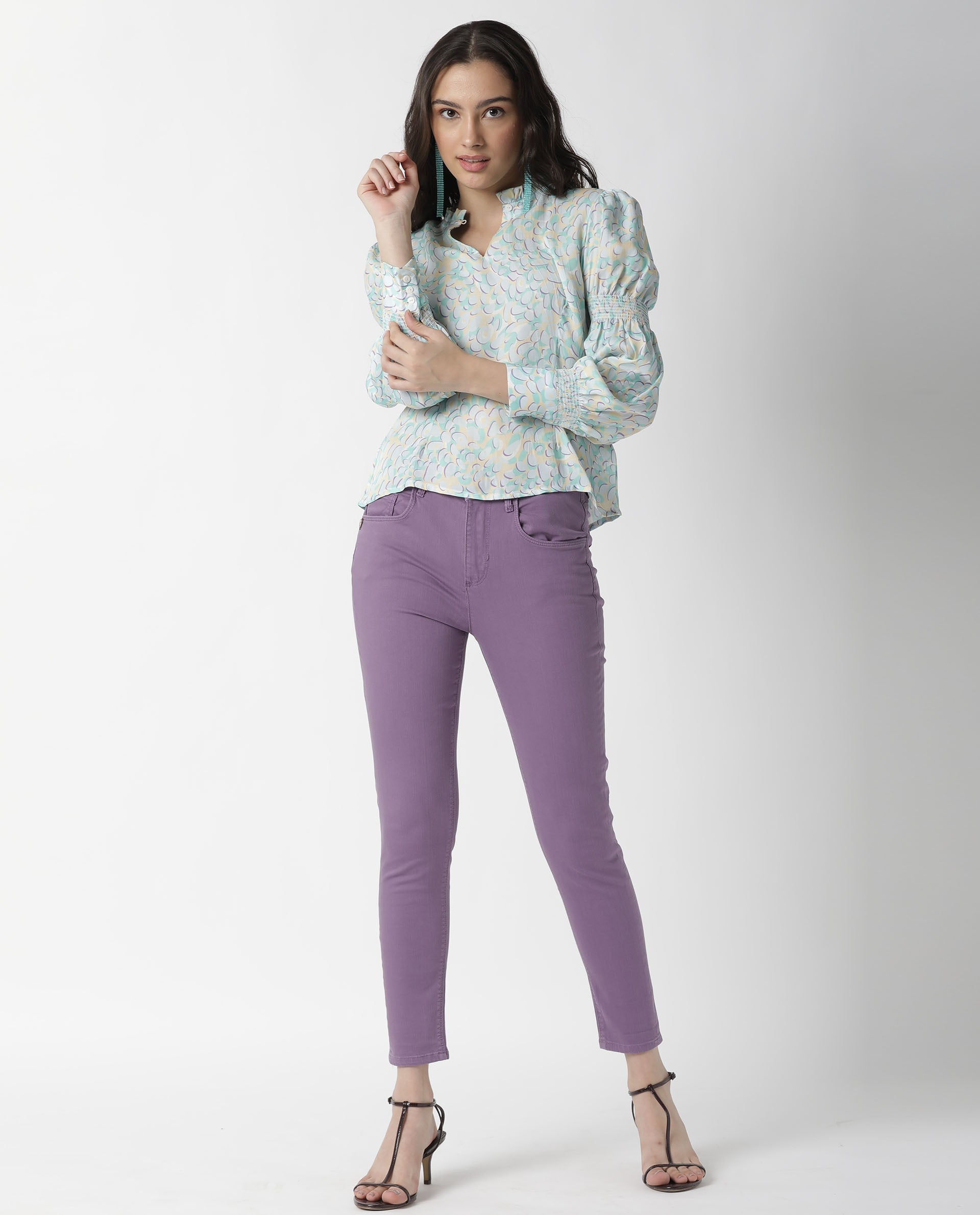 Rareism Women's Floor Purple Sweetheart Neck Printed Knee Length Slim Fit Top