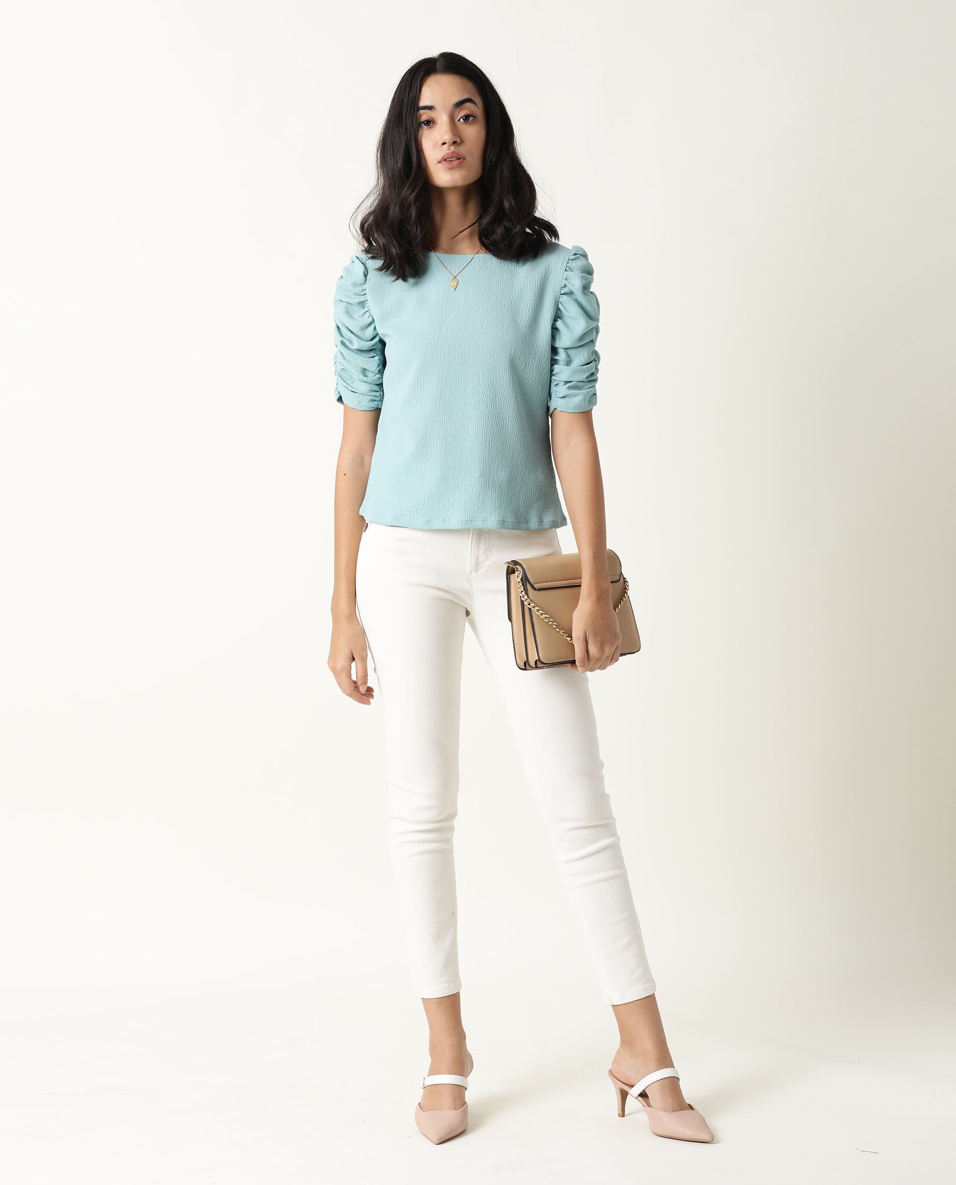 Rareism Women's Frozen Green Cotton Boat Neck Plain Ruffled Sleeve Regular Fit Top