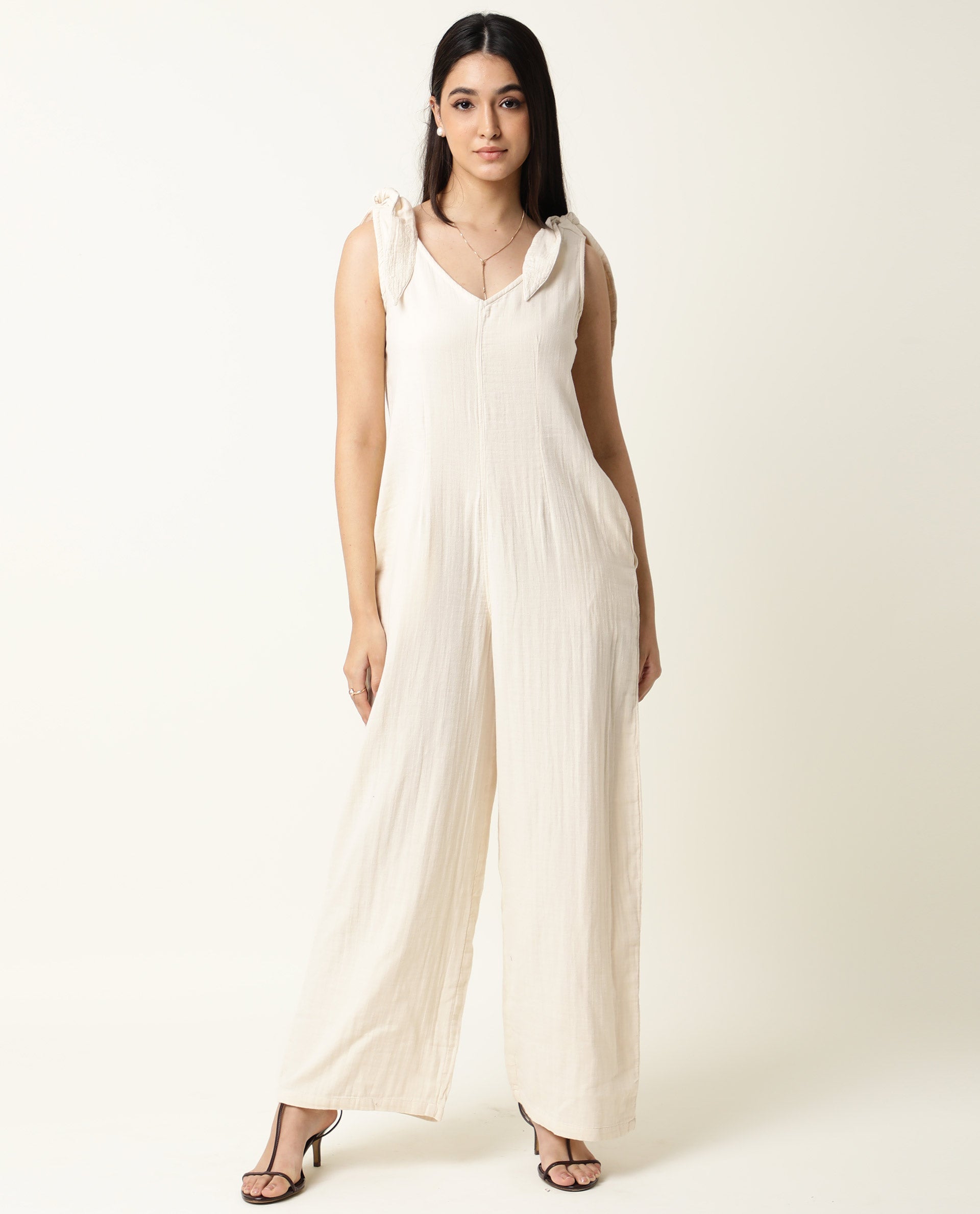 Rareism Women Peanut Beige Cotton Fabric Tailored Fit Knee Length Solid Jumpsuit