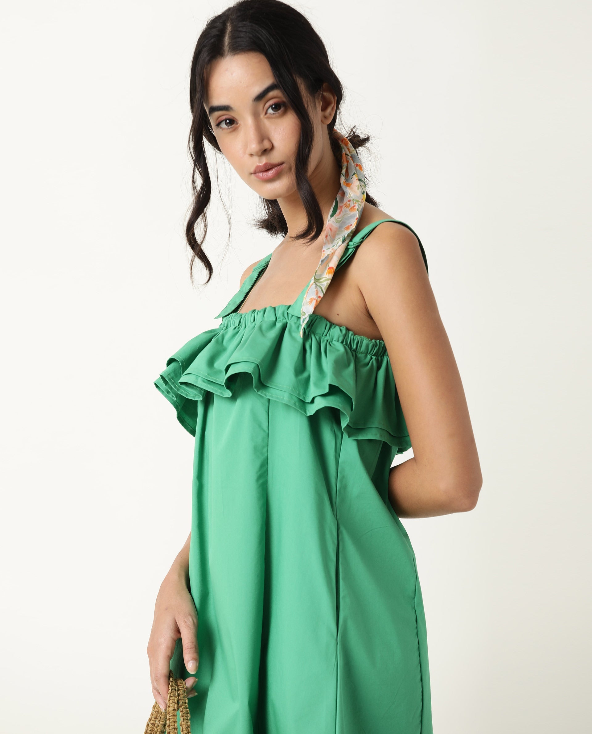 Rareism Women's Shallow Green Cotton Blend Tube Neck Plain Sleeveless Knee Length Regular Fit Dress