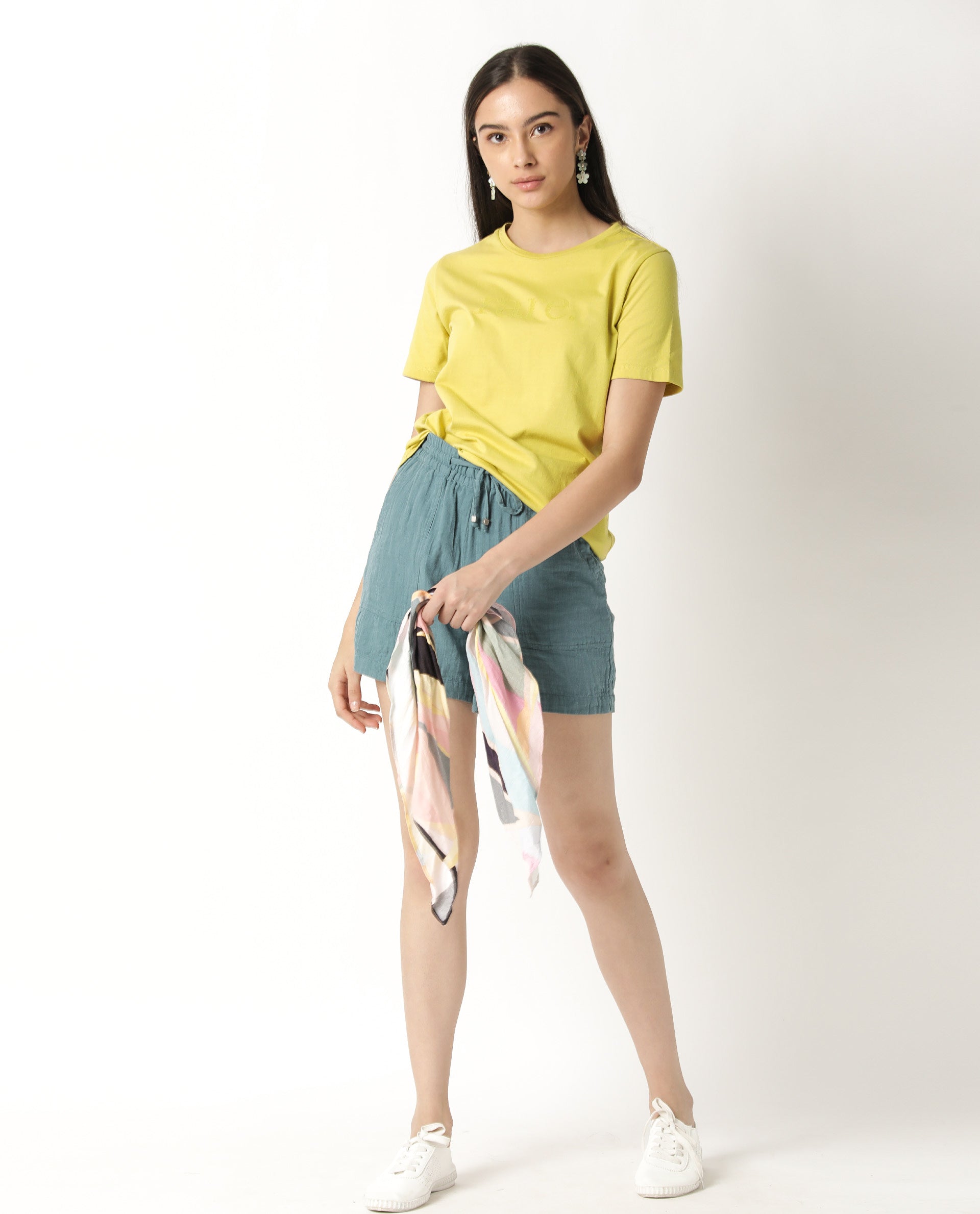 Rareism Womens Basic Tee 2 Yellow T-Shirt Cotton Fabric Fitted Fit Short Sleeve Round Neck