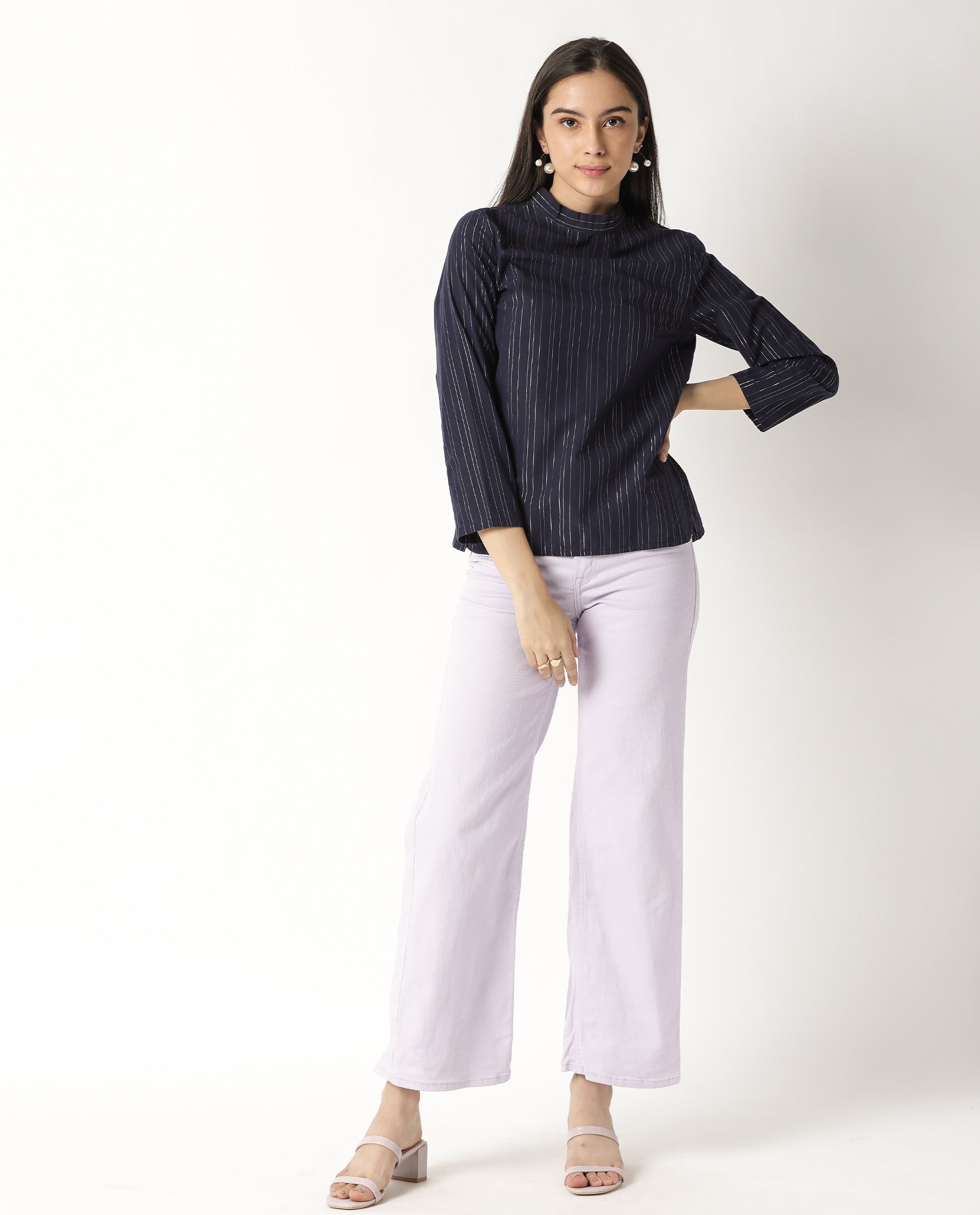 Rareism Women Tarnish Navy Regular Fit High Neck Full Sleeves Striped Top