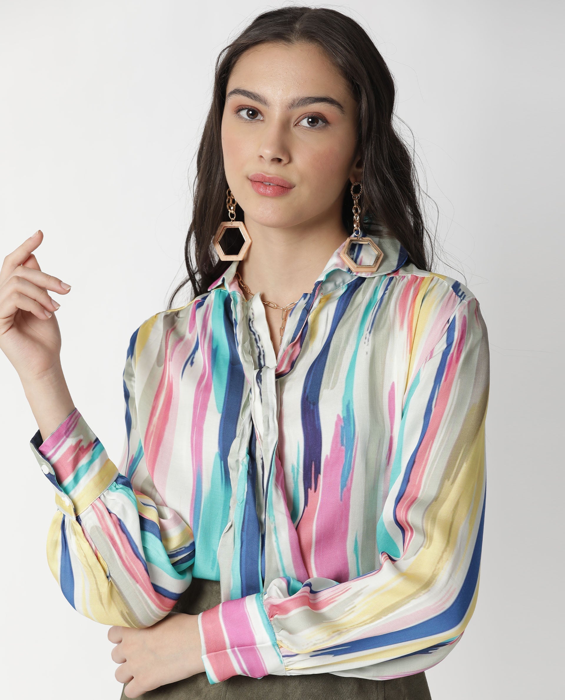 Rareism Womens Mingo Multi Top Modal Satin Fabric Regular Fit Volume Sleeve Tie Up