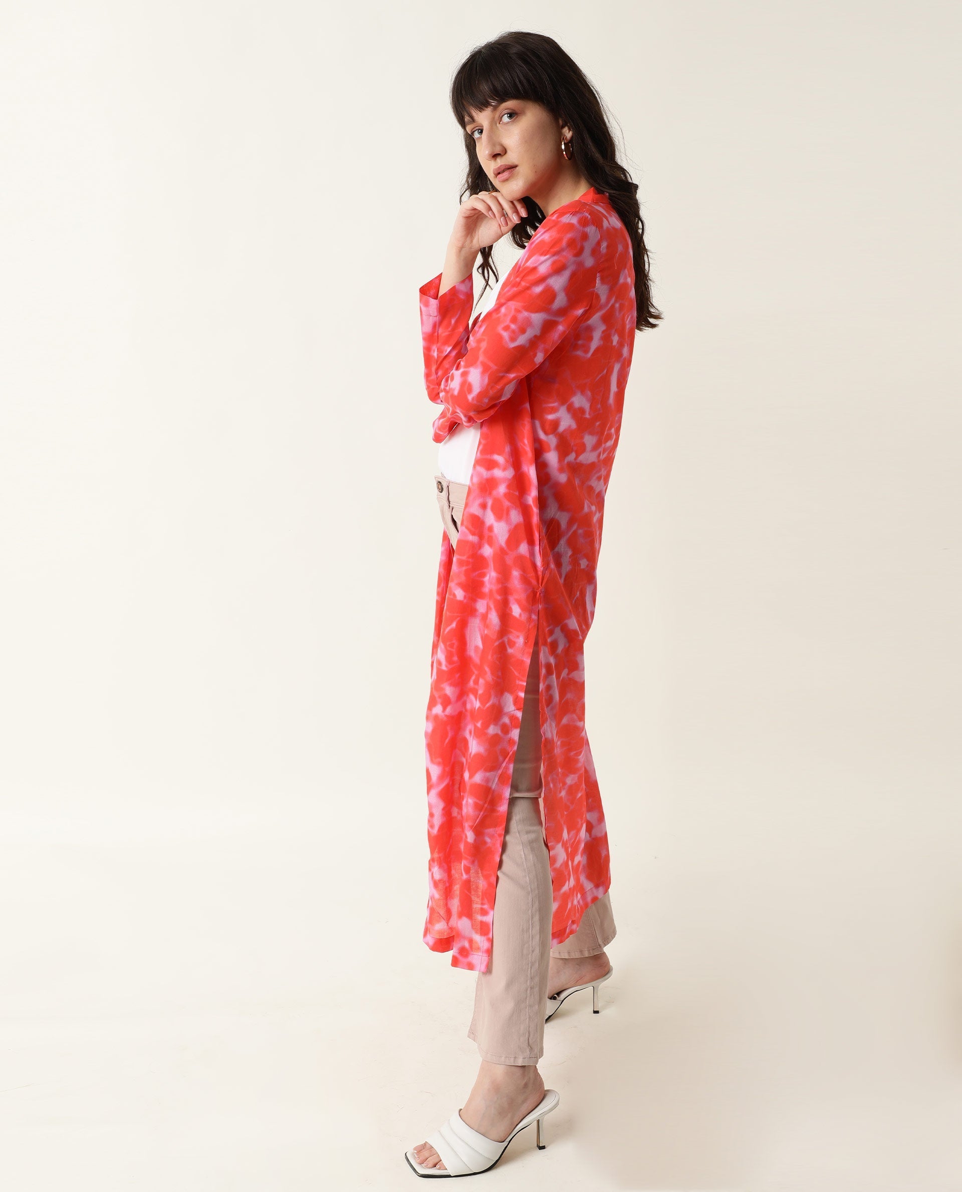 Rareism Women Lays Dark Red Cotton Fabric Regular Fit Abstract Print Collarless Outer Wear