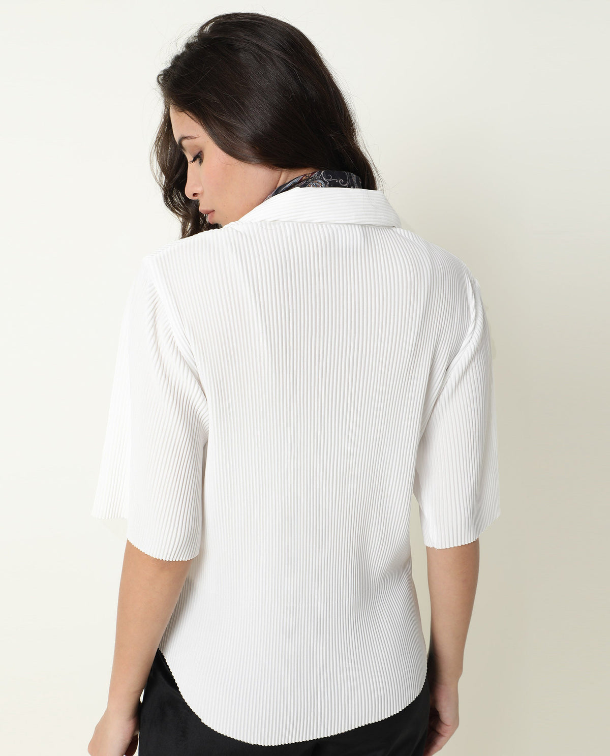 Rareism Womens Hoops White Top Polyester Fabric Fitted Fit Half Sleeve Collared Neck