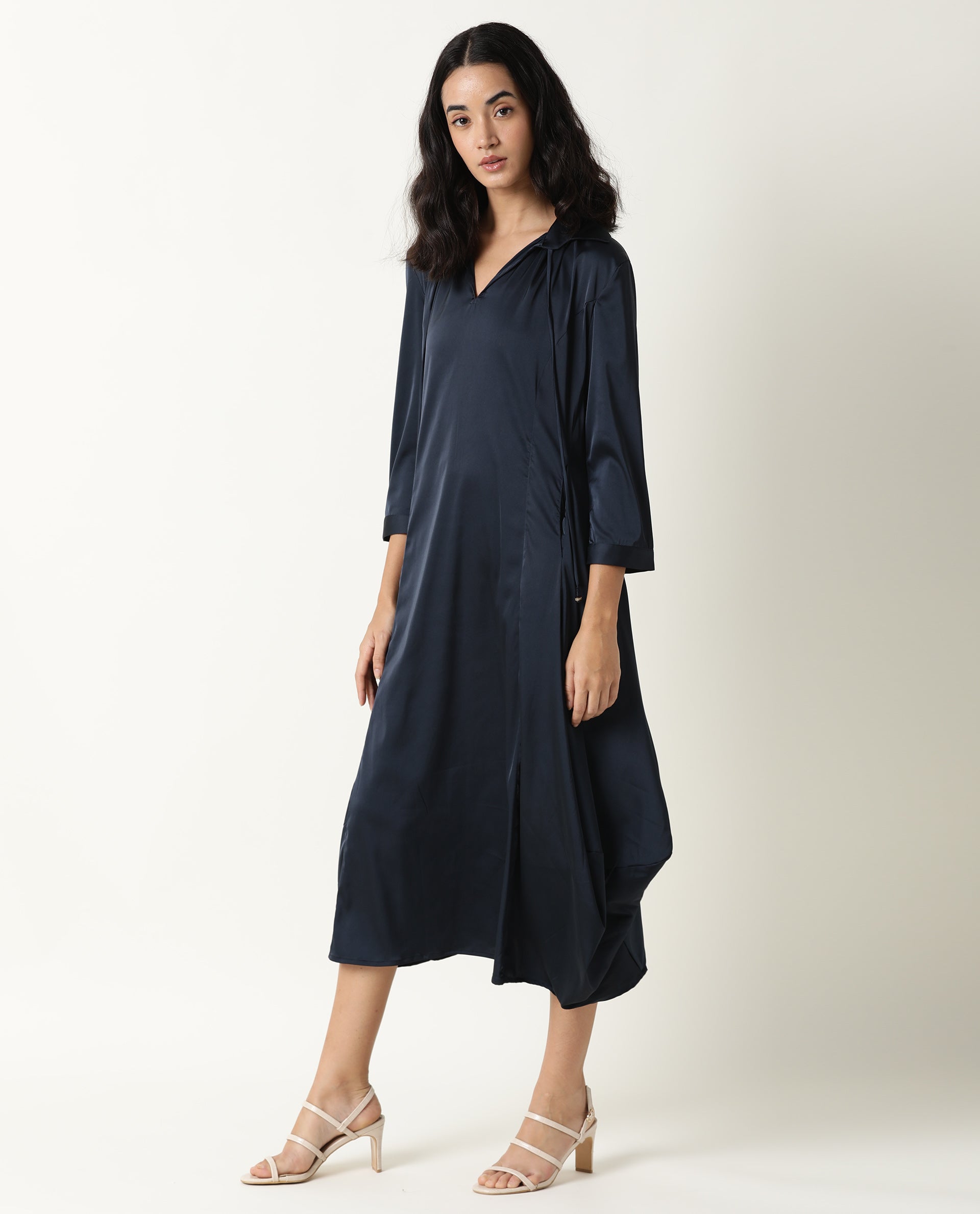 Rareism Womens Drella Navy Dress Modal Lycra Fabric Regular Fit Half Sleeve Lapel Neck