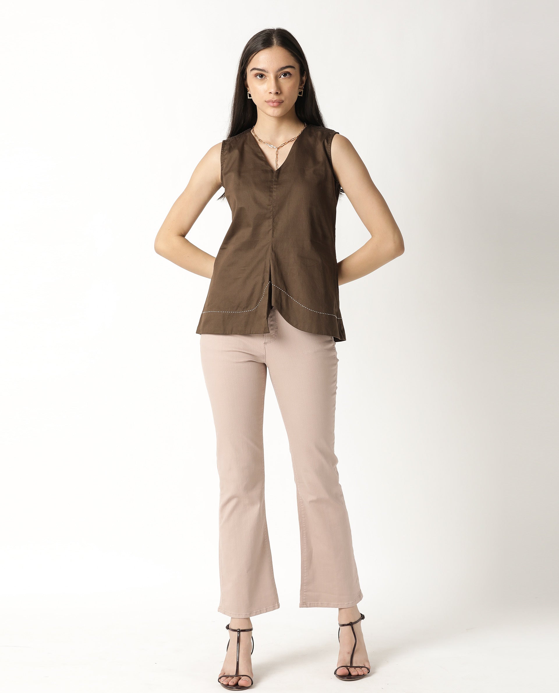Rareism Women's Simi Brown Cotton V-Neck Plain Sleeveless Regular Fit Top