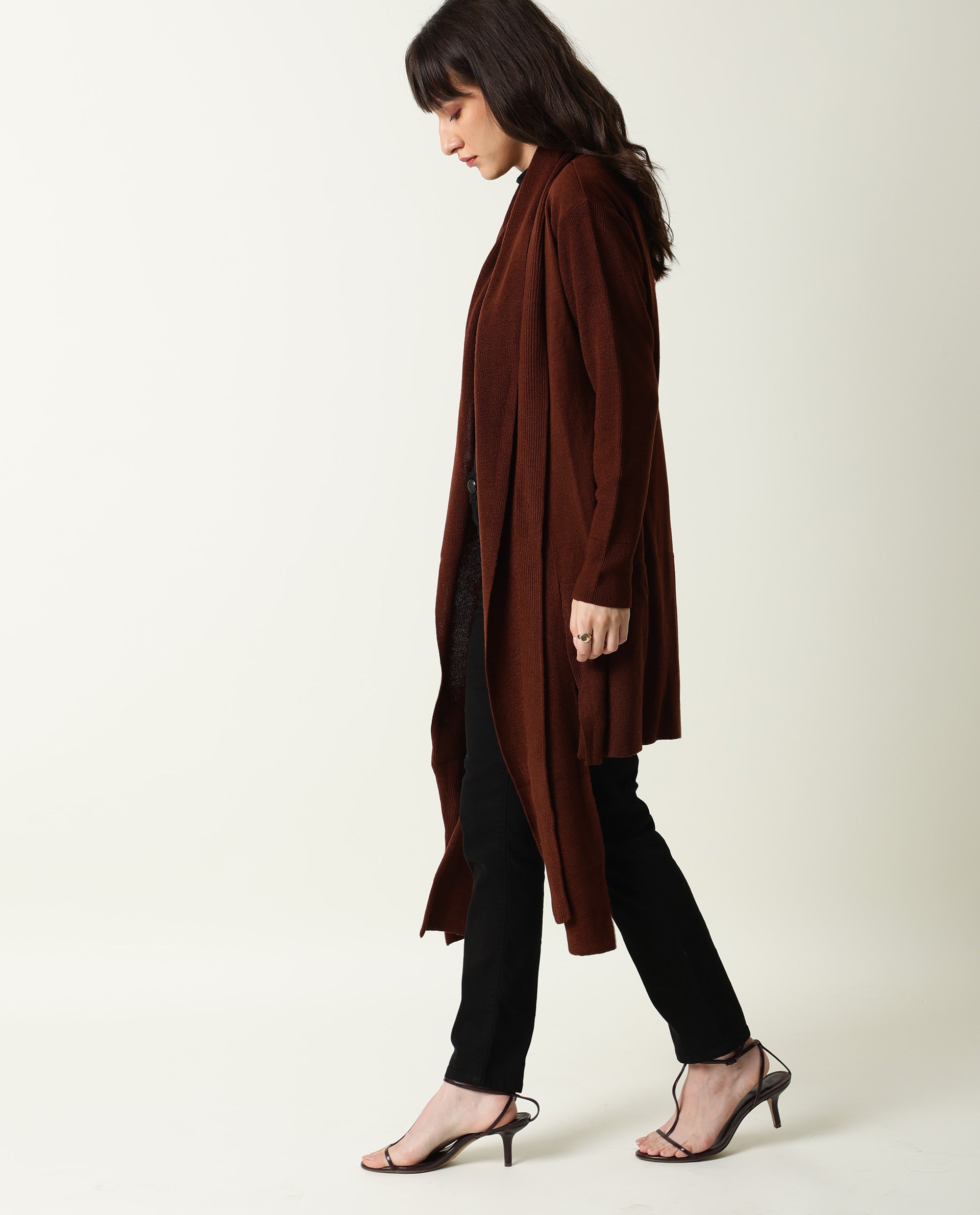 Rareism Women's Flap Brown Acrylic Collarless Plain Knee Length Regular Fit Sweater