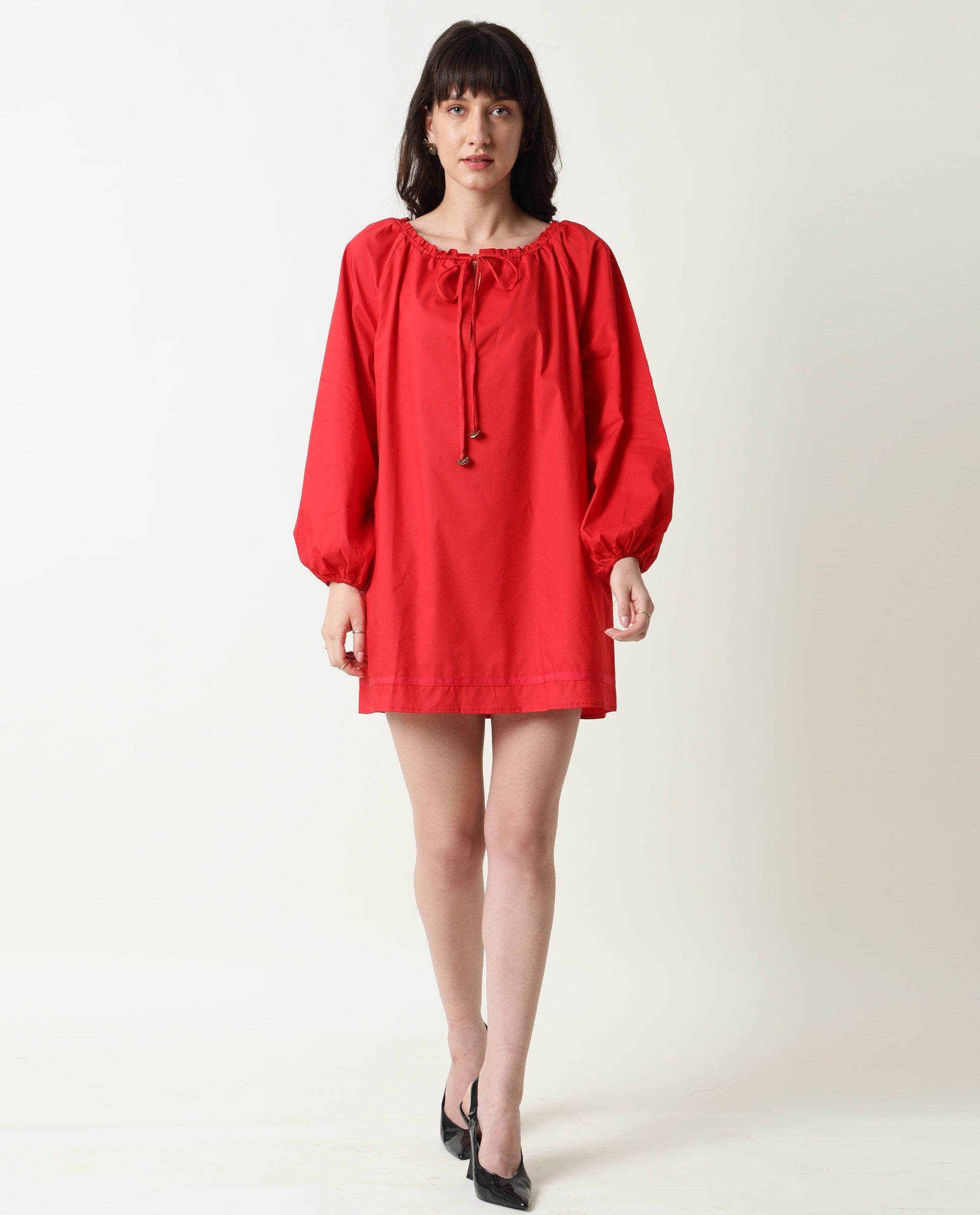 Rareism Womens Sapie Red Dress Cotton Fabric Boxy Fit Round Neck