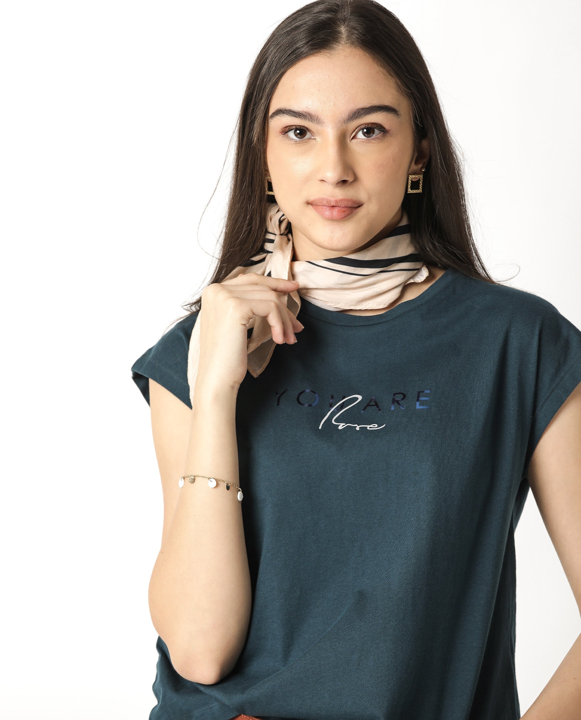 Rareism Womens Caprico Petrol T-Shirt Cotton Fabric Regular Fit Half Sleeve Round Neck