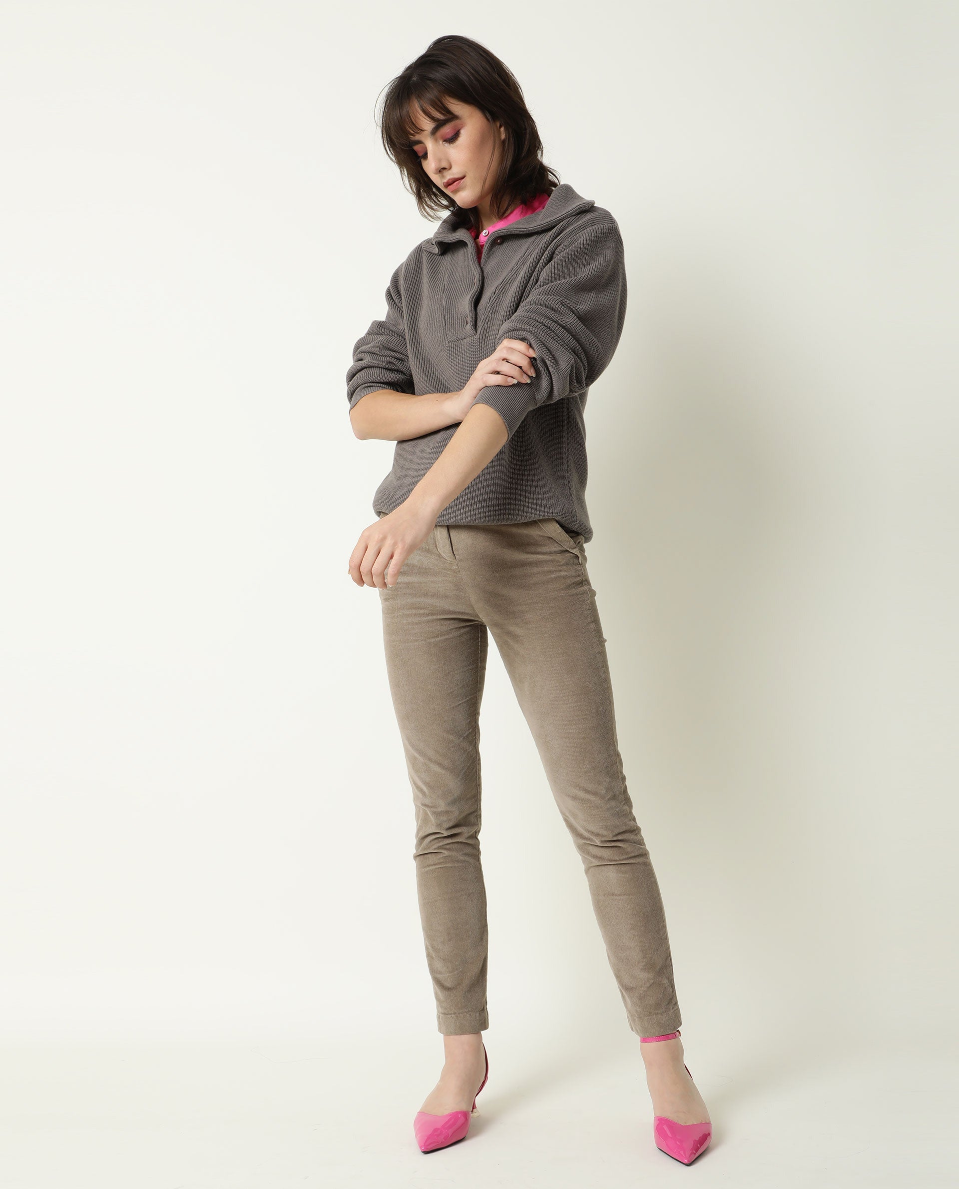 Rareism Women Cord Beige Trousers Solid