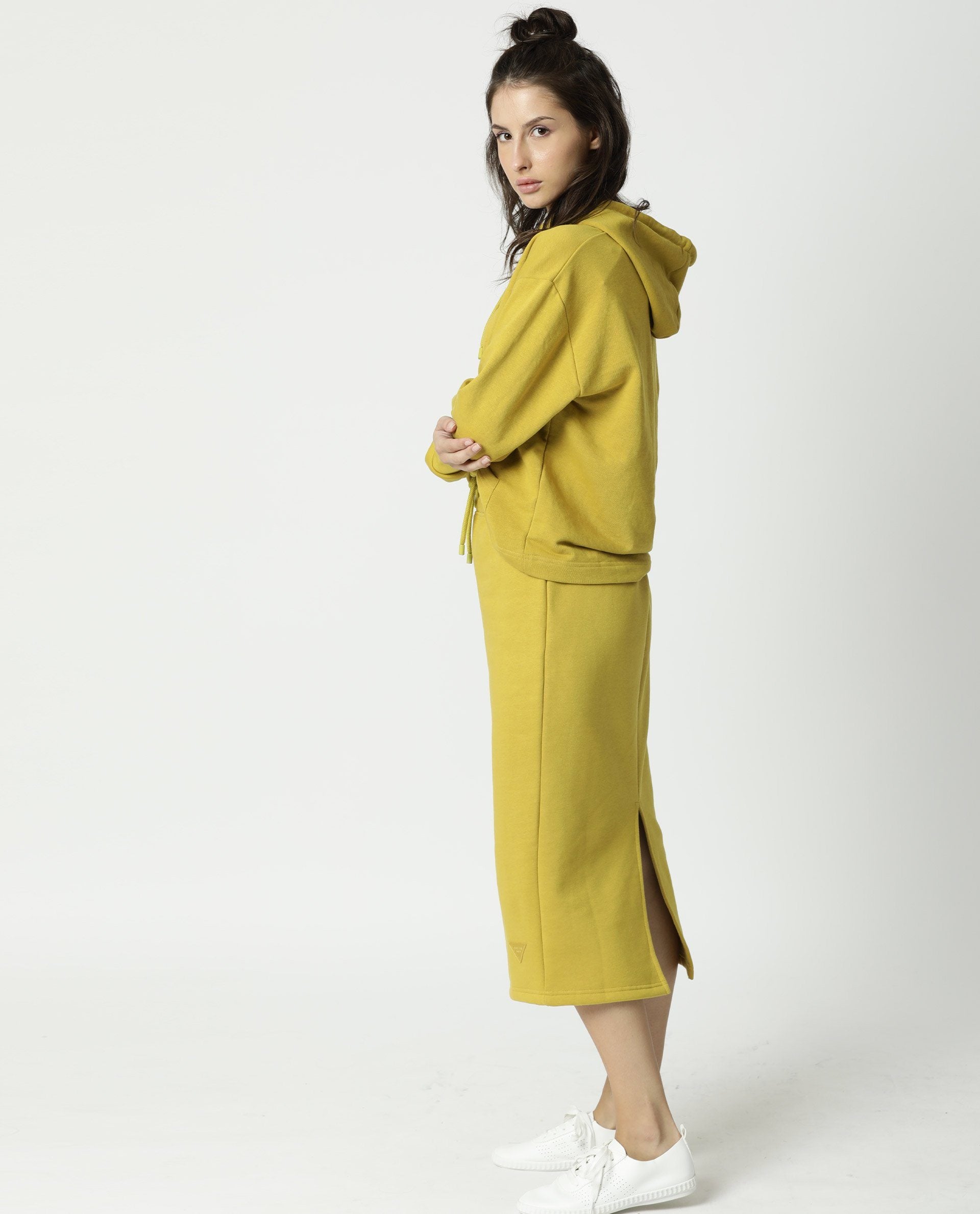 Rareism Women Wally Yellow Cotton Poly Fabric Relaxed Fit Full Sleeves Solid Hooded Sweatshirt