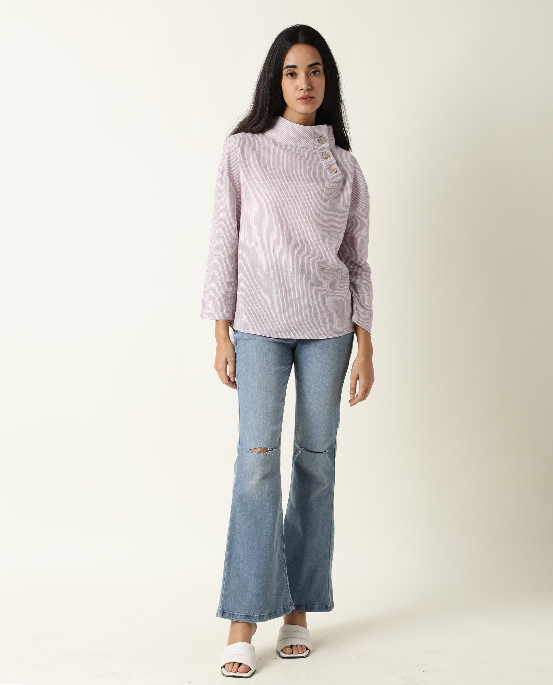 Rareism Women's Mute Purple Linen High Neck Plain Regular Fit Top