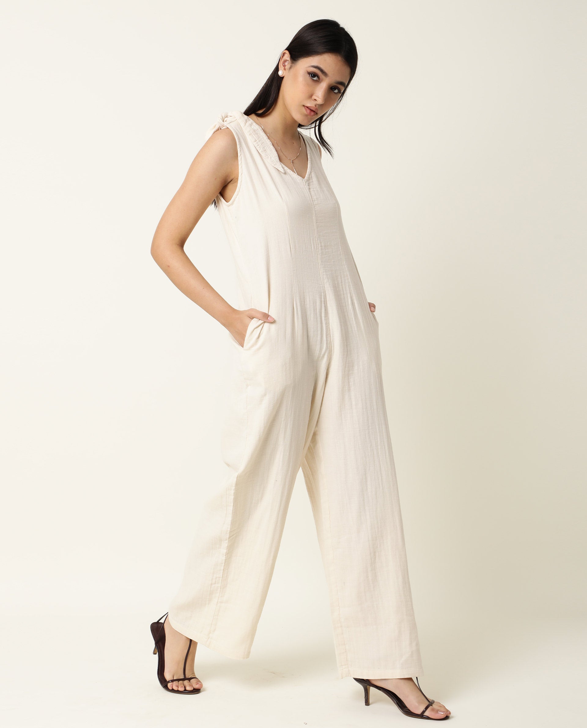 Rareism Women's Peanut Beige Cotton V-Neck Plain Sleeveless Knee Length Tailored Jumpsuit
