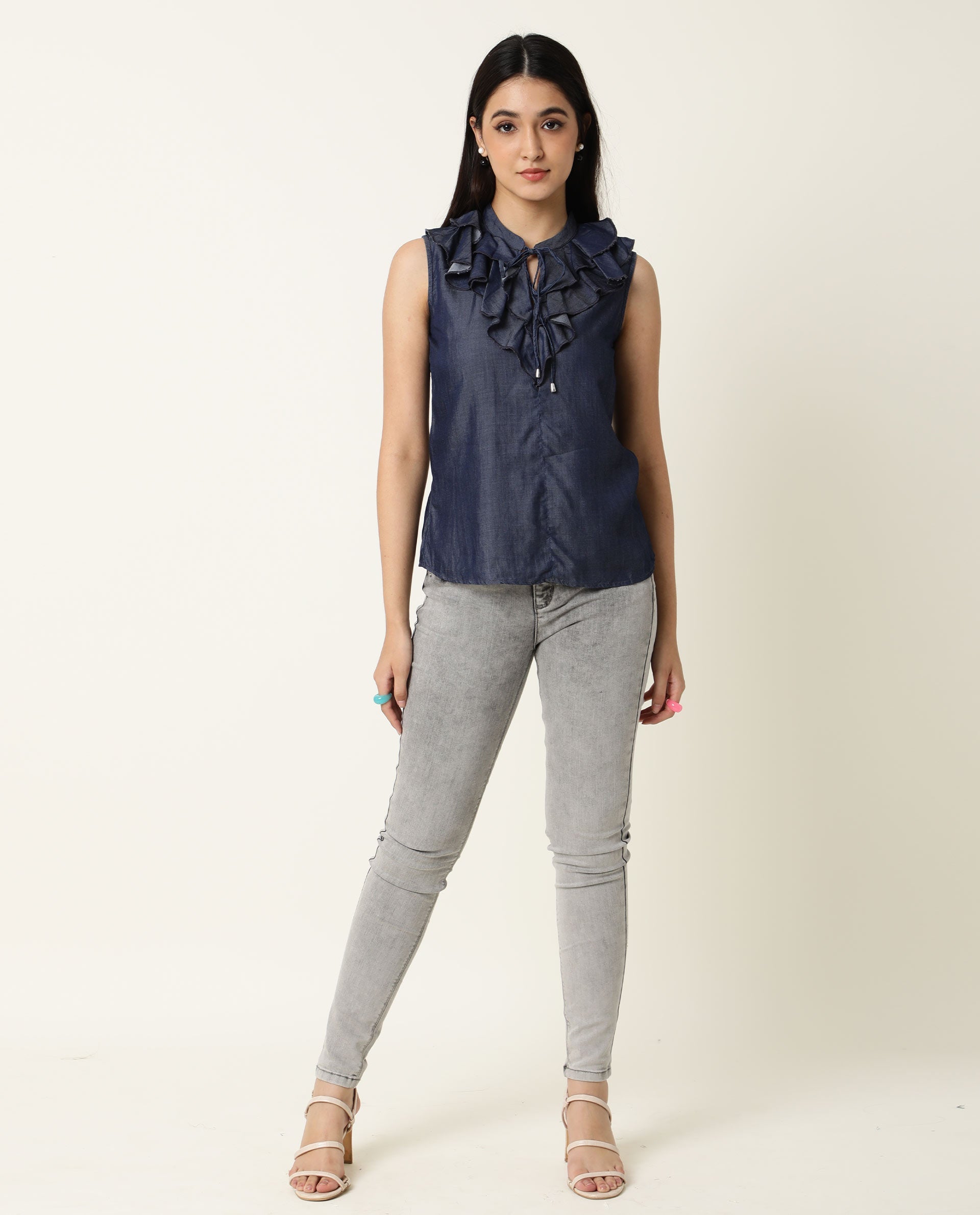 Rareism Women's Cage Navy Tencel Key Hole Neck Plain Sleeveless Tailored Top