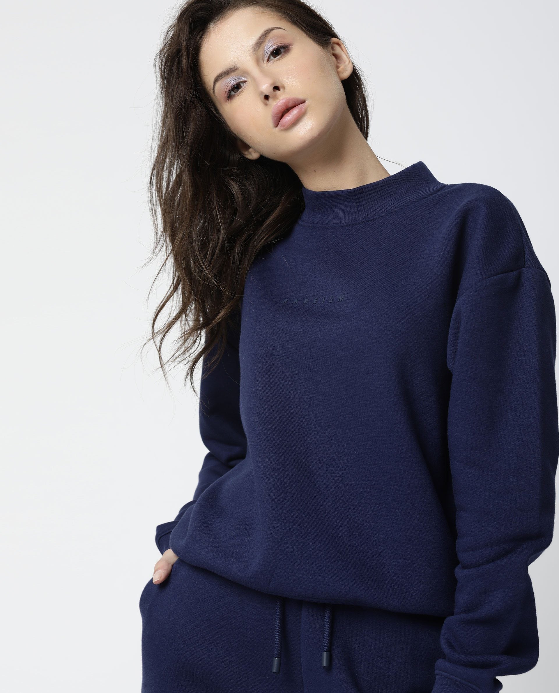 Rareism Womens Fury Blue Sweatshirt Relaxed Fit Full Sleeves