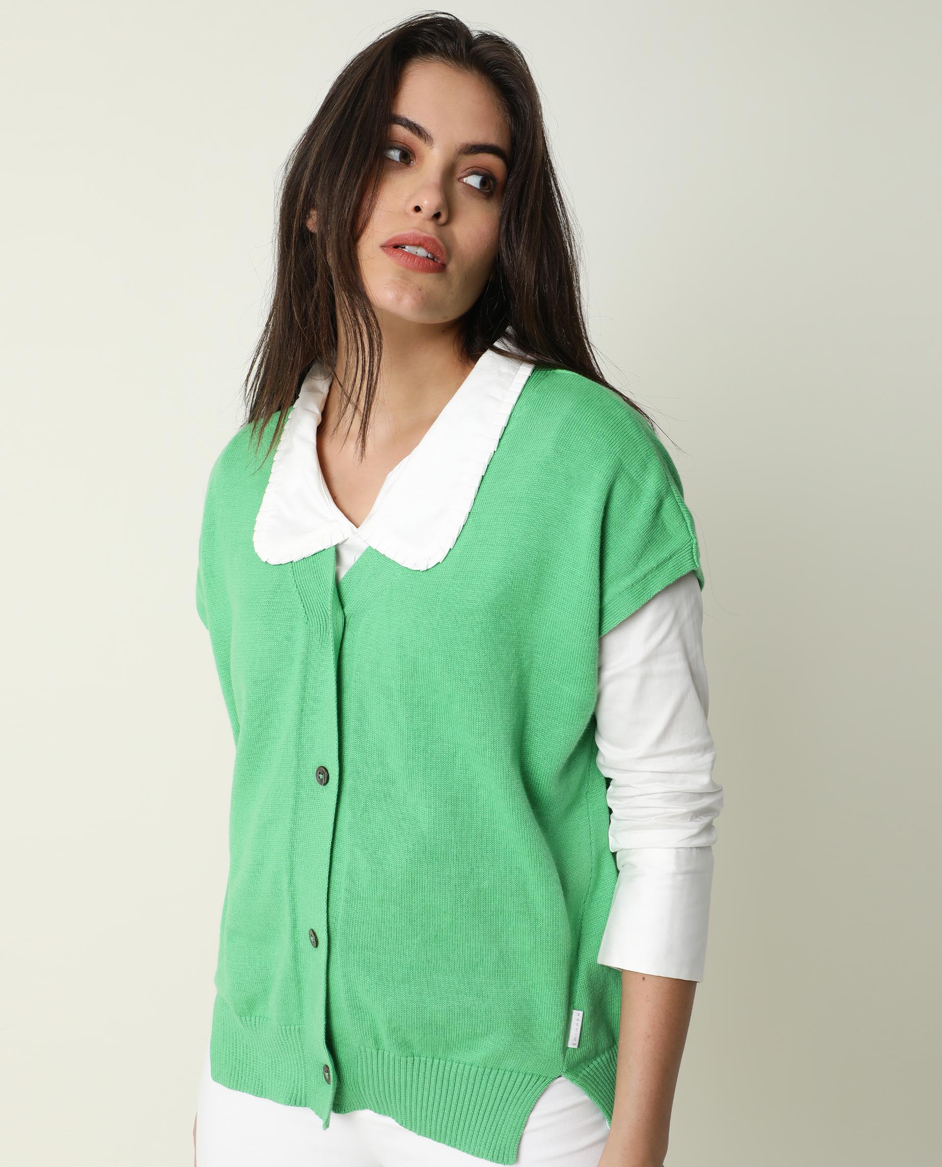 Rareism Women's Pave Green Cotton V-Neck Plain Extended Sleeves Regular Fit Sweater