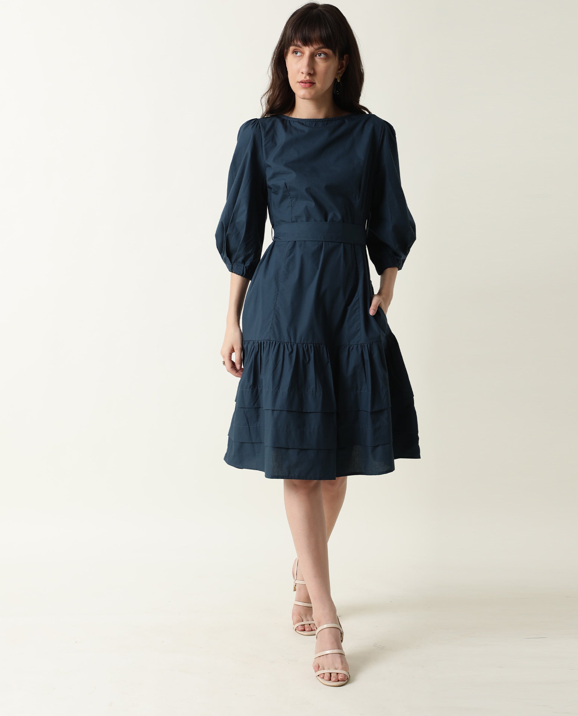 Rareism Womens Peas Petrol Dress Cotton Fabric Regular Fit Puff Sleeves Round Neck