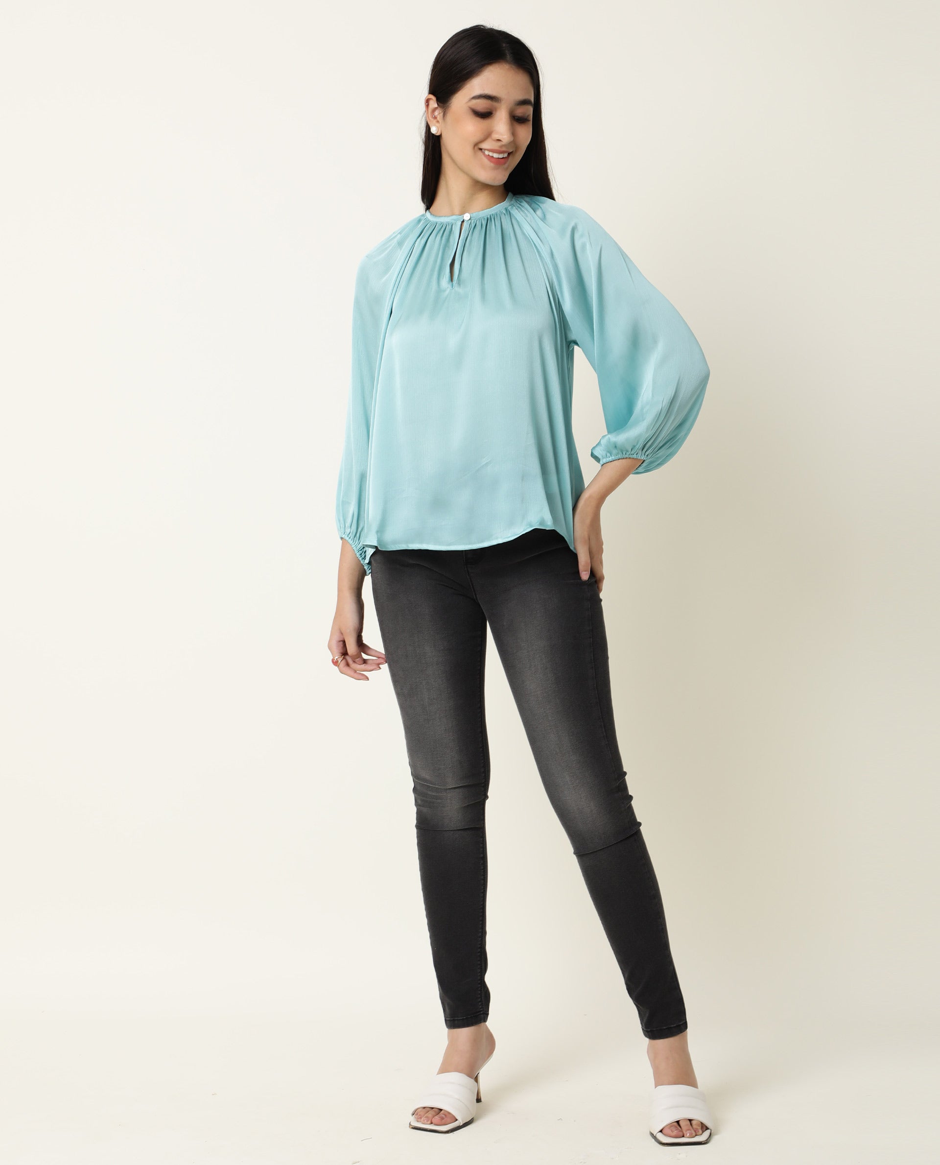 Rareism Women's Fall Blue Key Hole Neck Plain Knee Length Regular Fit Top