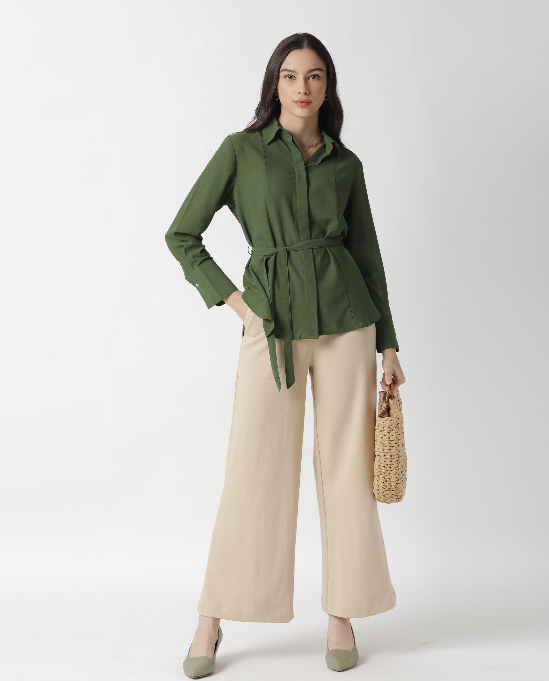 Rareism Women Mould Green Top Full Sleeves Solid