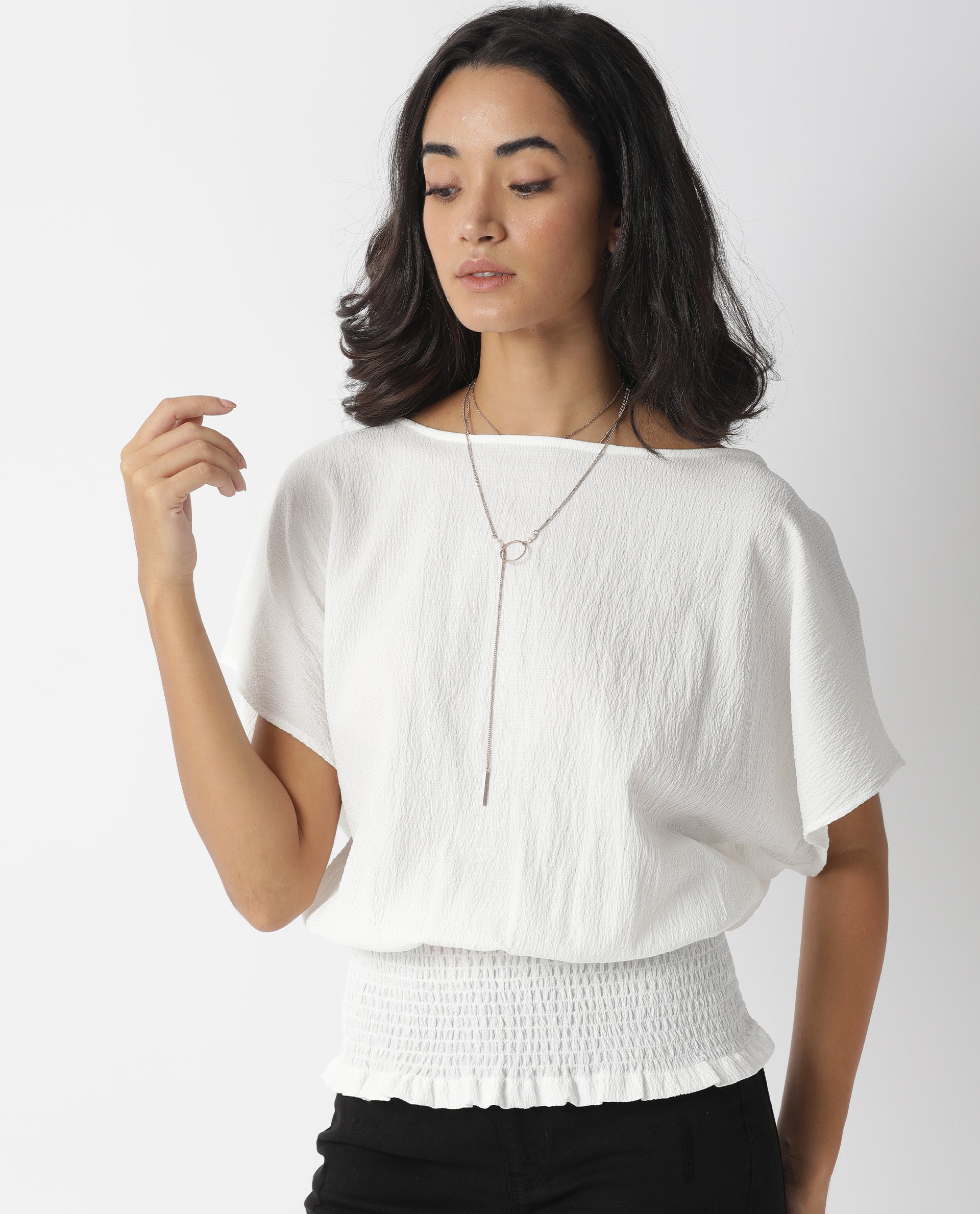 Rareism Womens Battle White Top Viscose Fabric Regular Fit Puff Sleeves Round Neck