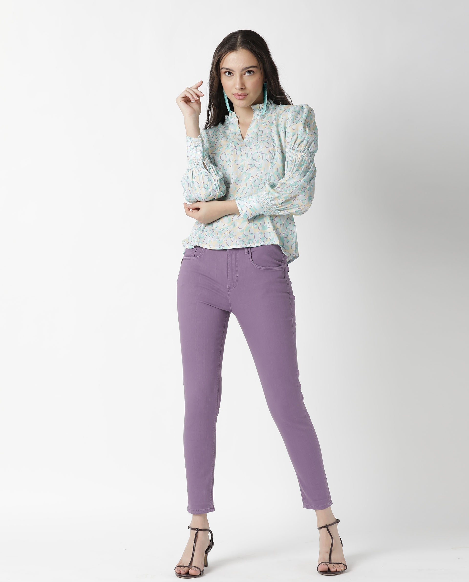 Rareism Womens Floor Purple Top Modal Satin Fabric Regular Fit Full Sleeve Ruffled Neck